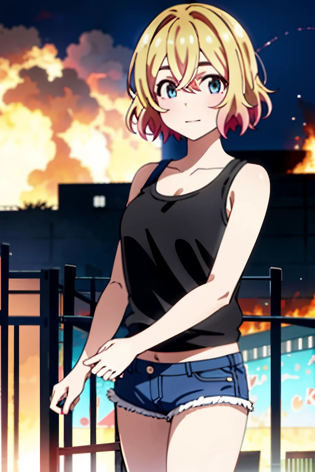 mami nanami, short hair, aqua eyes, blonde hair, hair between eyes,1 female、At night、whole body、smile、Black tank top、sexy black shorts、female thief、fence、Big Explosion、Military base exploding in flames