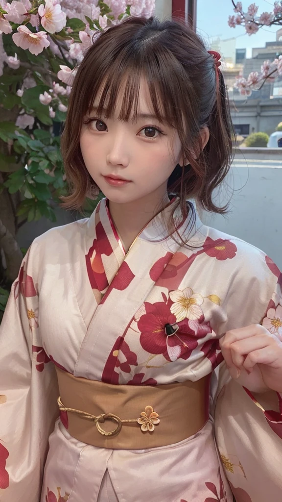 One Girl, (Beautiful girls, Delicate girl:1.3), (21 years old:1.3), break, (Floral, kimono, kimono, red kimono:1.3), break, Very fine grain, (Symmetrical eyes:1.3), break, (cherry blossoms, filled with cherry blossoms, surrounded by cherry blossoms:1.2), perfectly trimmed fingers, break, Small breasts, Brown eyes, Parted bangs, brown hair, (Upper teeth, The best smile:0.6), break, (Eye and facial details:1.0), break, (masterpiece, highest quality, Ultra-detailed, Detailed face, 8K)