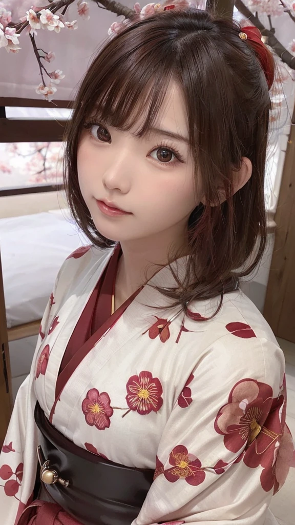 One Girl, (Beautiful girls, Delicate girl:1.3), (21 years old:1.3), break, (Floral, kimono, kimono, red kimono:1.3), break, Very fine grain, (Symmetrical eyes:1.3), break, (cherry blossoms, filled with cherry blossoms, surrounded by cherry blossoms:1.2), perfectly trimmed fingers, break, Small breasts, Brown eyes, Parted bangs, brown hair, (Upper teeth, The best smile:0.6), break, (Eye and facial details:1.0), break, (masterpiece, highest quality, Ultra-detailed, Detailed face, 8K)