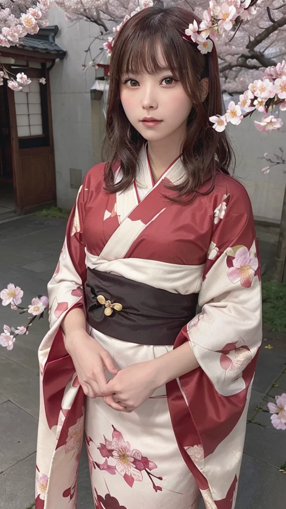 One Girl, (Beautiful girls, Delicate girl:1.3), (21 years old:1.3), break, (Floral, kimono, kimono, red kimono:1.3), break, Very fine grain, (Symmetrical eyes:1.3), break, (cherry blossoms, filled with cherry blossoms, surrounded by cherry blossoms:1.2), perfectly trimmed fingers, break, Small breasts, Brown eyes, Parted bangs, brown hair, (Upper teeth, The best smile:0.6), break, (Eye and facial details:1.0), break, (masterpiece, highest quality, Ultra-detailed, Detailed face, 8K)