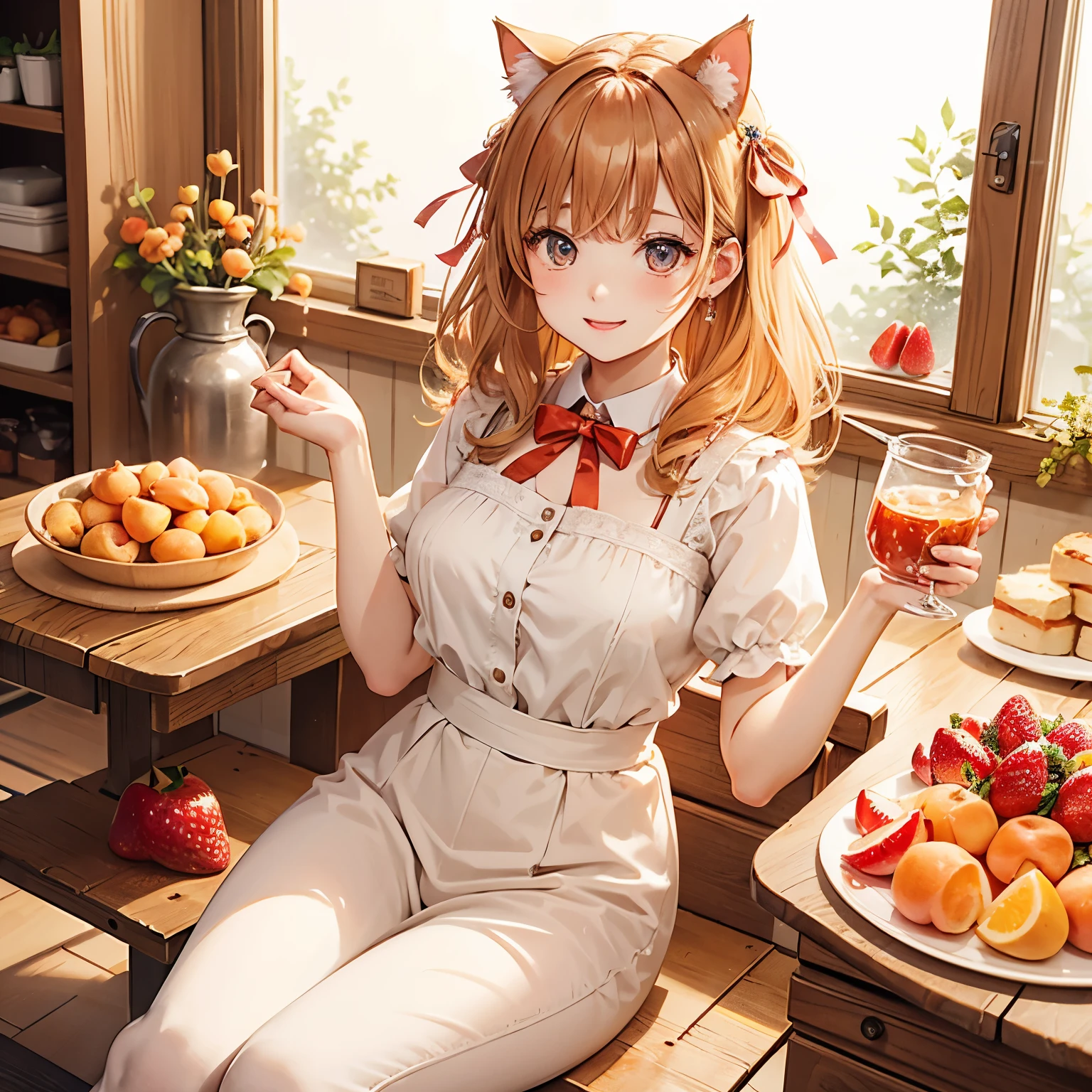 A cat wearing an apricot-colored ribbon、Hair apricot color、Apricot-colored eyes、Apricot-colored clothing、Strawberry jam jar、smile