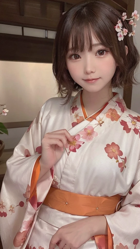 One Girl, (Beautiful girls, Delicate girl:1.3), (:1.3),
break, (Floral, kimono, kimono, orenge kimono:1.3),
break, Very fine grain, (Symmetrical eyes:1.3),
break, (cherry blossoms, filled with cherry blossoms, surrounded by cherry blossoms:1.2), perfectly trimmed fingers,
break, Small breasts, Bro, Parted bangs, brown hair, (Upper teeth, The best smile:0.6),
break, (Eye and facial details:1.0),
break, (masterpiece, highest quality, Ultra-detailed, Detailed face, 8K)
