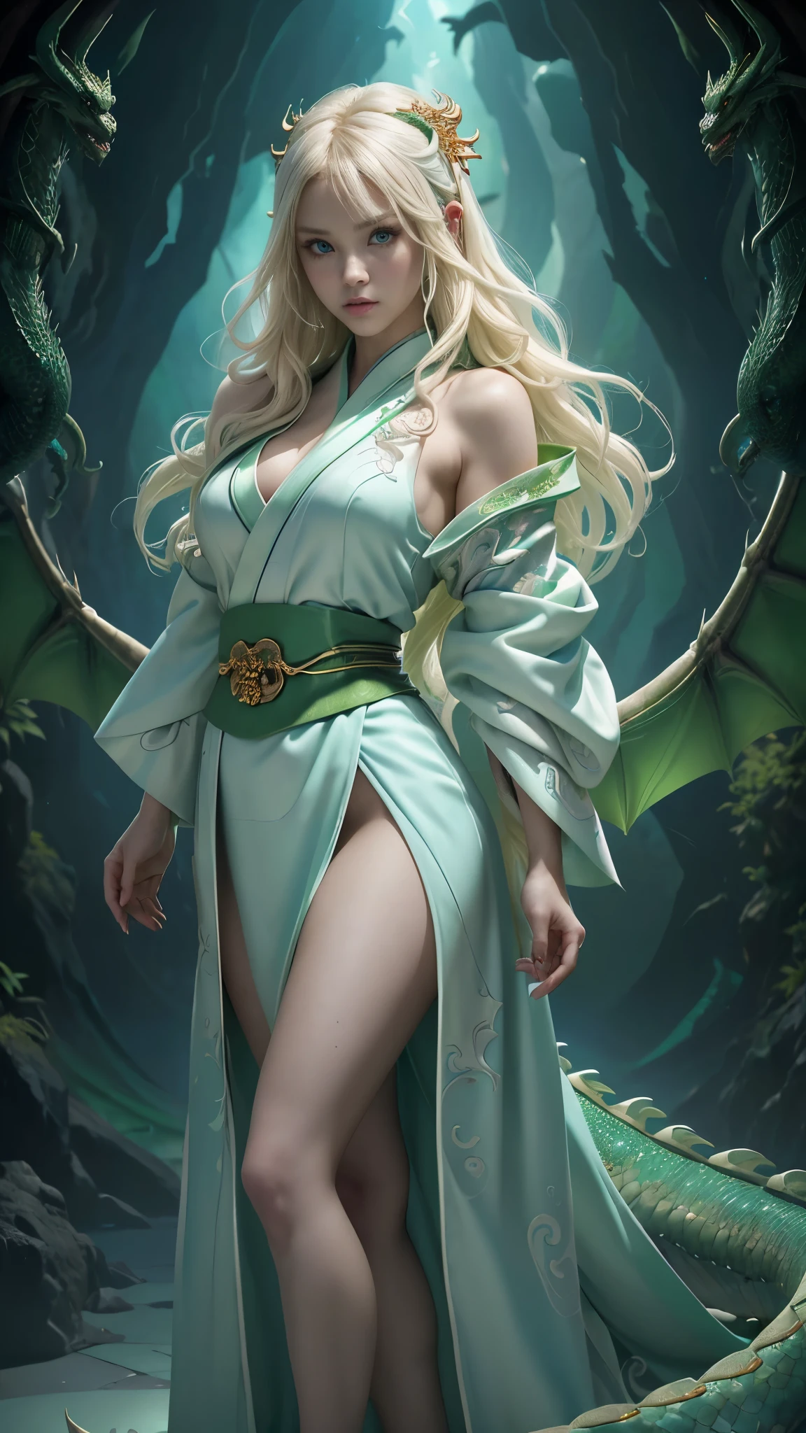score_9, score_8_up, score_7_up, score_6_up, rating_explicit, 1girl, ((18YO:1.2)), Adult, full lips, big clear eyes, light blue eyes, ((blond hair:1)), (long wavy hair: 1.2),(La mejor calidad,A high resolution,Ultra - detallado,actual),Ariana Grande with big dragon, wearing a white and blue kimono dress standing next to a large green dragon,(dragon white :1.4), ruan jia and artgerm, artgerm and ruan jia, ross tran 8k, obra de arte al estilo de guweiz, the portrait of the dragon girl, (artgerm y atey ghailan:1.4) , (Ross Tran y WLOP:1.4) , (wlop y ross tran:1.4) ,(gran dragon verde:1.4), (dedos detailed :1.4),( kimono amarillo :1.4), (huge green dragon background:1.4),( Dragon realistic V2.1), (fondo ruinas piedra grande), (fondo caverna cueva piedras grandes:1.4)