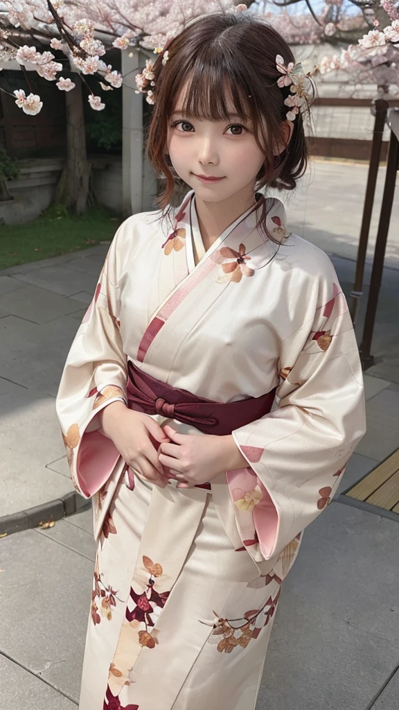 One Girl, (Beautiful girls, Delicate girl:1.3), (10 years old:1.3),
break, (Floral, kimono, kimono, orenge kimono:1.3),
break, Very fine grain, (Symmetrical eyes:1.3),
break, (cherry blossoms, filled with cherry blossoms, surrounded by cherry blossoms:1.2), perfectly trimmed fingers,
break, Small breasts, Brown eyes, Parted bangs, brown hair, (Upper teeth, The best smile:0.6),
break, (Eye and facial details:1.0),
break, (masterpiece, highest quality, Ultra-detailed, Detailed face, 8K)