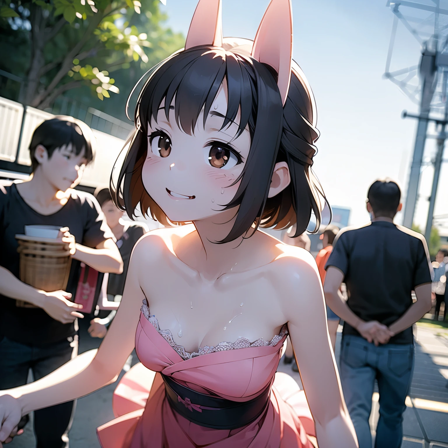 (One Japan Girl)、masterpiece, 最high quality, high quality, High precision,Highly detailed 8K wallpapers、Innocence、minimum、(Couple Dating)、(amusement park)、(Exposed、A cute casual outfit with bare shoulders、Oversized)、funデート、cuteWife、summer、Pink clothes、With thick milk in my hands、(Sweat running down your cheeks、Sweat trickling down my chest)、Holding hands、fun、honeymoon、(Embarrassed smile)、My arm is grabbed、amusement parkを楽しむ、defenseless、cuteイカ腹、Pure、Innocence、cute顔、cute、Big Breasts、Beautiful breasts、cute顔、No correction、adult、Slender、A Body That Knows Men、（girl、woman、Voluptuous、Fox ears、Fox Tail、brown hair、Long Hair、Long hair that reaches down to the waist、Slimming、beautifulなお腹、beautiful）、（short girl、Wife、wife）、From in front of the camera、look up