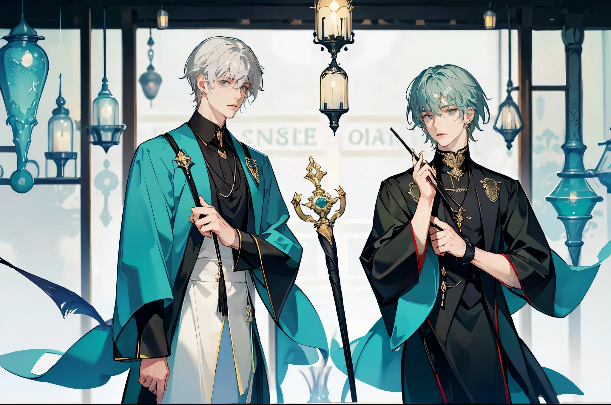 One beautiful anime handsome bad boy、Short grey hair、Arranged hairstyle、Light blue colorcon、Small face、Handsome face、White skin、Cute eyes、Very thin eyebrows、tall、Hogwarts Slytherin&#39;s green robes and green ties、23 years old、Japanese-Korean half man、Tired expression、Expressionless、Dark background、Hogwarts School of Witchcraft and Wizardry、morning、In the Potions classroom at Hogwarts、Taking Potions classes、Stirring the pot with a walking stick、In front of him is a witch&#39;s cauldron filled with green liquid.、Slytherin Boy、Shooting from a diagonal angle、masterpiece、highest quality、high resolution、Fantasy、Glare、Korean anime illustration、Wear a lot of piercings、Cool photos、Portrait、handsome pose、淡いmorning日の輝きに包まれて、Villain、dark、hatred、pain、Loneliness、pain、Draw smoothly、Softly drawn