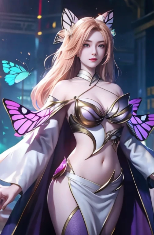 1 girl, alone, Yao Liu, Wide hips, (Large Breasts:1.2),Long hair, (looking at the audience:1.2), Natural Lighting, fantasy, Dreamlike, illusory, Science fiction, detail, Beautiful Pattern, charming, Tempting, enchanting, Hair accessories, Divine Physician, whole body, Dream, purple butterfly, Glowing Butterfly, 性感posture, night, (neon butterfly:1.1), purple neon butterfly, 性感posture, armpit, posture,show navel