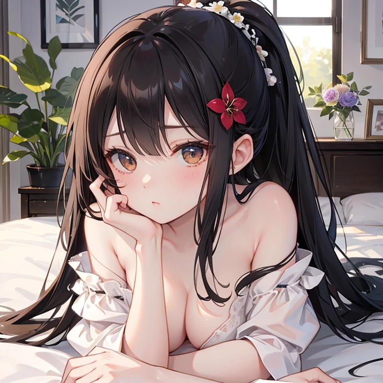 highest quality, High resolution,thin、(delicate:1.4)、Brown eyes、expensive、7 Class-large、Black Hair、Long Hair,Straight hair、Luxury、On the bed、(naked:1.4),、(Flower Hair Ornaments:1.4),(Upward glance:1.3)、、ponytail、cute、Shyness　Big Breasts　（Sitting）　（Spread your legs）　「Spread that area（Open up）」