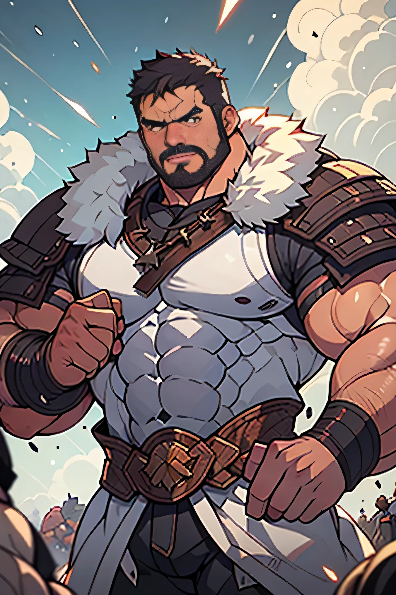 "Robusto y potente, The muscular old Viking stands in the middle of a stormy Nordic landscape.. Su rostro curtido refleja toda una vida de batallas., adornado con un largo, barba trenzada y ojos azules intensos. His imposing figure is wrapped in furs and leather armor., evoking a feeling of strength and resilience. Behind him, Lightning illuminates an epic scene., showcasing his fearless spirit and unwavering determination."
