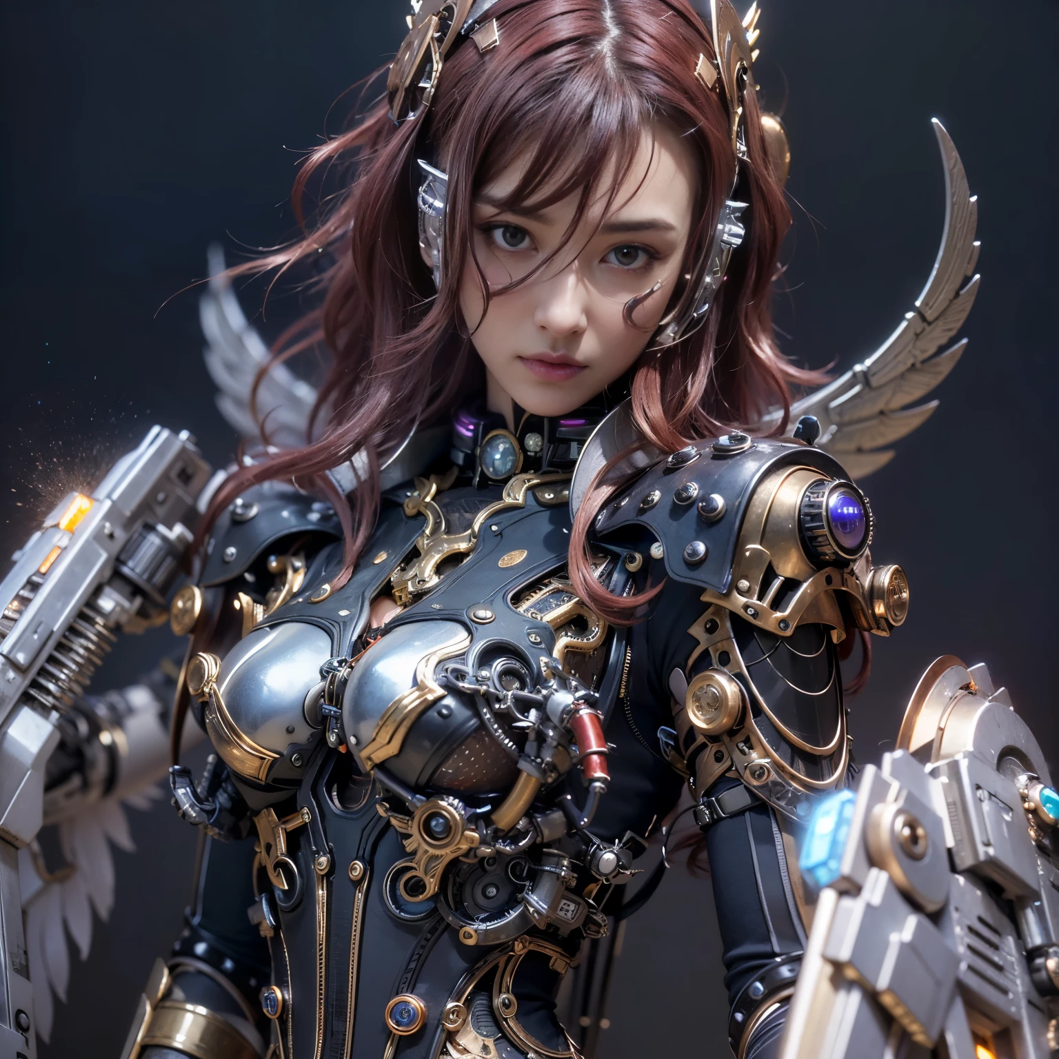 (top-quality:1.2, masterpiece)、ultra high resolution、extremely ultra surrealism, (Photorealsitic:1.4)、Raw photo、(Steampunk Battle Cyborg fallen angel)、large wings made of metal、black porcelain body、red  hair、glowy skin、1 Cyborg girl、(mechanical frame:1.3)japanese, extremely cute face,  ((super realistic details))、portrait、globalillumination、Shadow、octan render、8K、ultrasharp、character edge light、Details of complex ornaments、Acrylic Clear Cover、Sumerian details、Hydraulic cylinder、Small LED lamp、highly intricate detail、Realistic light、a purple eye、radiant eyes、Facing the camera、neon details、cowboy  shot、Futuristic headgear、About Cyberpunk