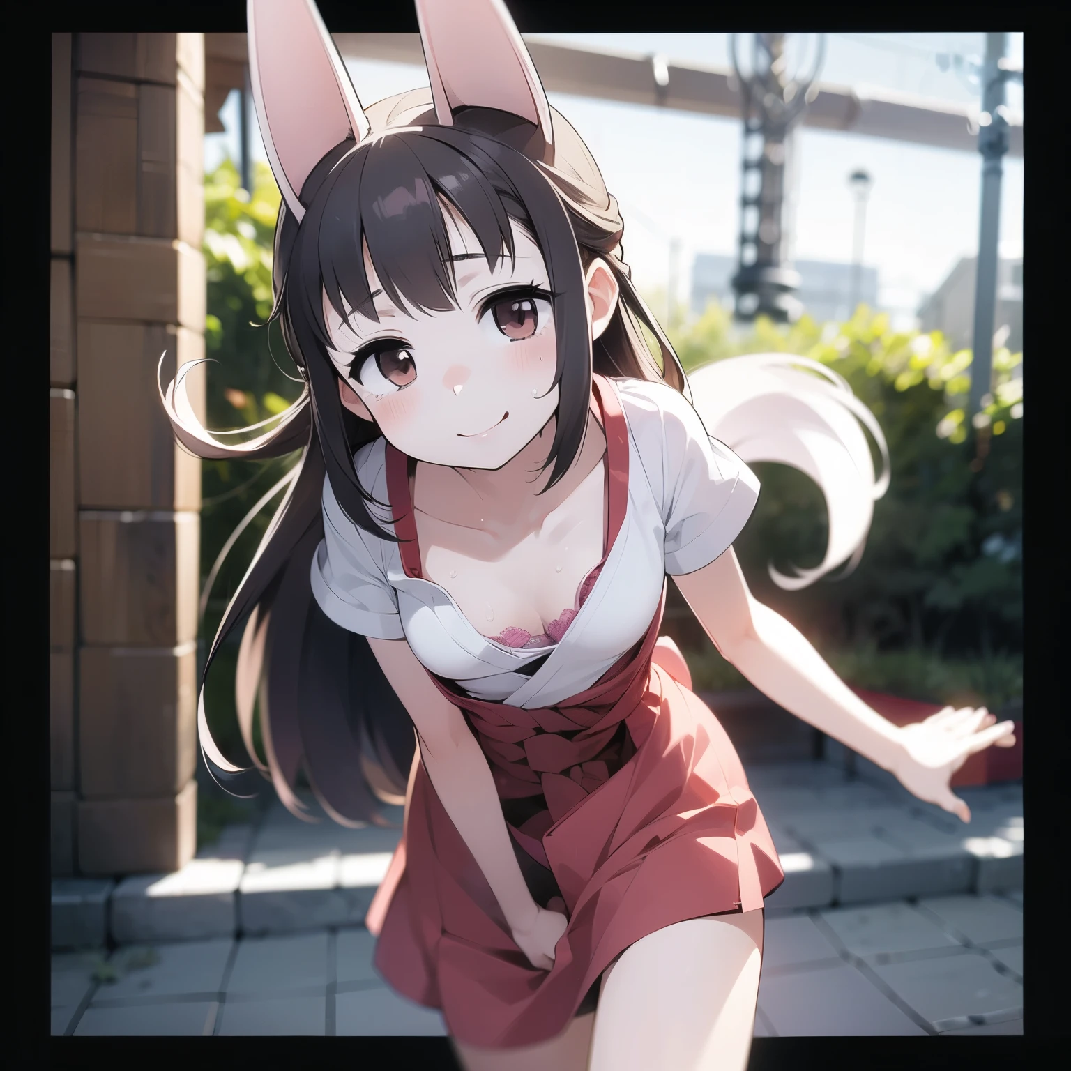 (One Japan Girl)、masterpiece, 最high quality, high quality, High precision,Highly detailed 8K wallpapers、Innocence、minimum、(Couple Dating)、(amusement park)、(Exposed、Pretty casual clothes)、funデート、cute嫁たち、summer、Pink clothes、Tapioca drink in hand、(Sweat running down your cheeks、Sweat trickling down my chest)、Holding hands、fun、honeymoon、(Embarrassed smile)、My arm is grabbed、amusement parkを楽しむ、defenseless、cuteイカ腹、Pure、Innocence、cute顔、cute、heart、Thin chest、Tsurupeta、cute顔、No correction、、Slender、Before menarche、(girl、小daughter、delicate、Fox ears、Fox Tail、brown hair、Long Hair、Long hair that reaches down to the waist、Slimming、Beautiful belly、cute)、(short girl、daughter、younger sister)、From in front of the camera、look up