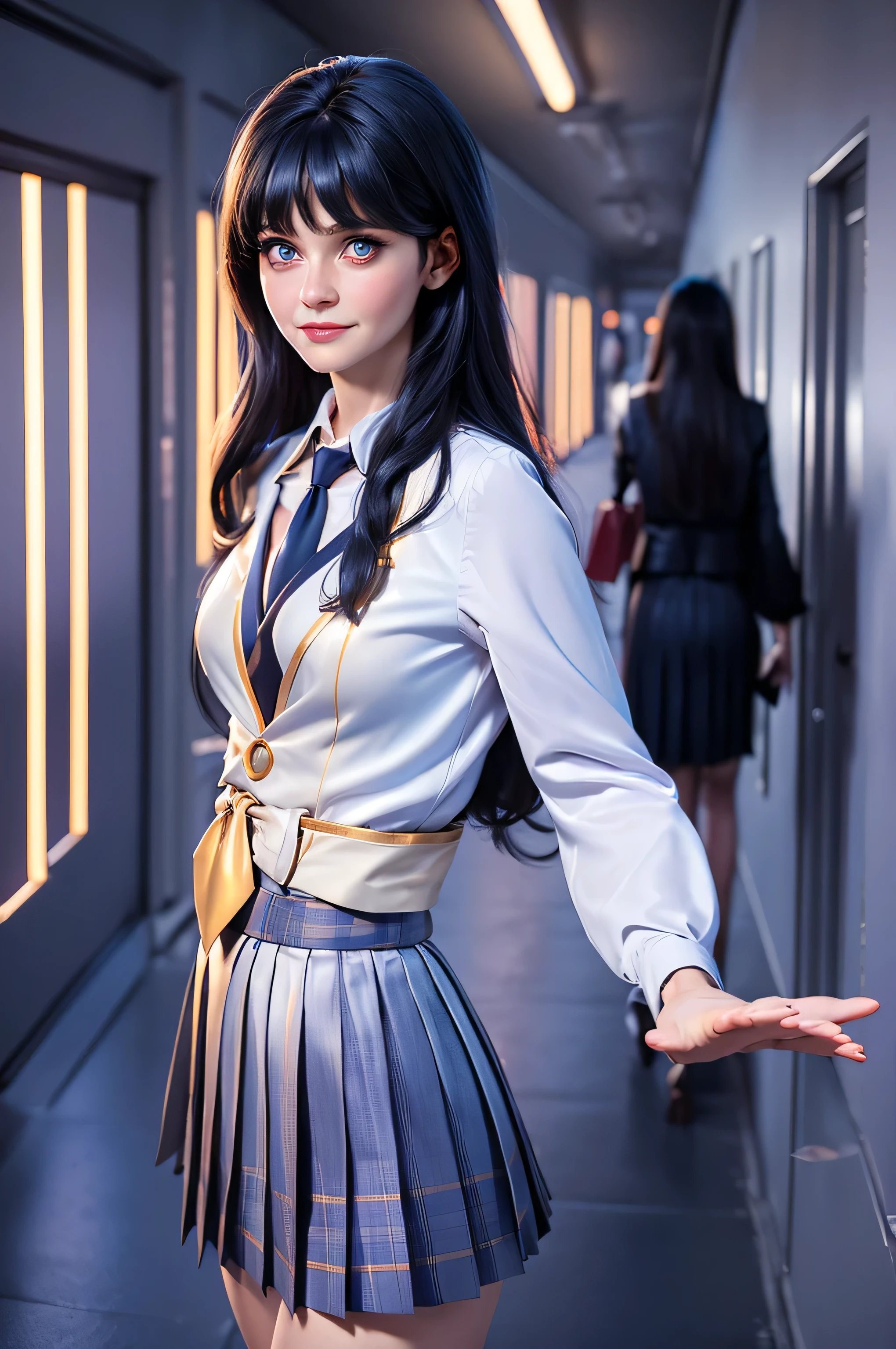 Zooey Deschanel, Elvira, age 16, gynoid physique, (solo:1.1), zooey deschanel, perfect face, (((night color skirt suit))), (((pleated school miniskirt))), (((night color jacket))), (((silk necktie))), windsor necktie, (((white shirt))), cup size E, (((night color miniskirt with 1 horizontal golden stripe))), solo focus, fully clothed, smartly dressed, smiling, careless styling, medium length hair, dark blue hair, bright eyes blue like the sky, beatiful detailed eyes，bright pupils，（Very fine and beautiful），（Beautiful and detailed eye description), [[delicate fingers and hands:0.55]::0.85], (detail of fingers), facing at camera, (Background with：school corridor，mystic atmosphere), (illustration, cartoon, masterpiece, highly detailed, best qualtiy，cinematic lighting，muted colors, detailed background, A high resolution)