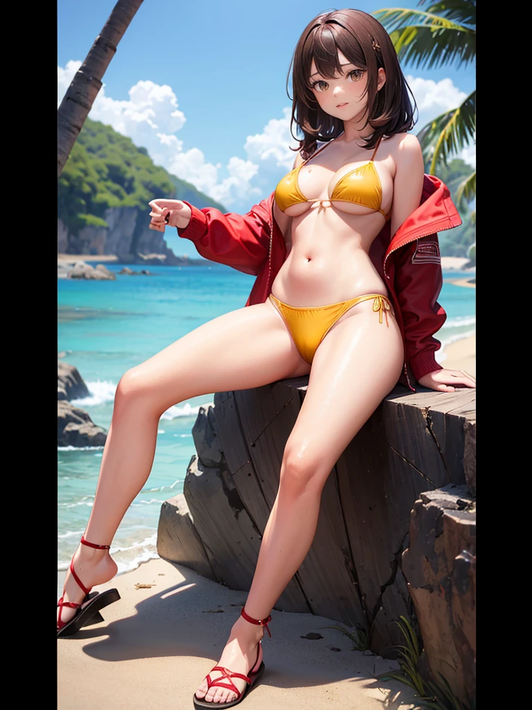Young girl, yellow bikini and a bold red jacket, Her hair is mid-back length and is a little wavy, it is a medium brown color with slightly darker tips, green eyes, average breast size and fair skin, brown sandals with black soles,The straps are dark brown and go over her toes and around her ankles, Hoodie, jacket open in the front, white fluff coming out of the hood, Beautiful breasts, Beautiful feet, at the beach, look at the camera, sensual pose