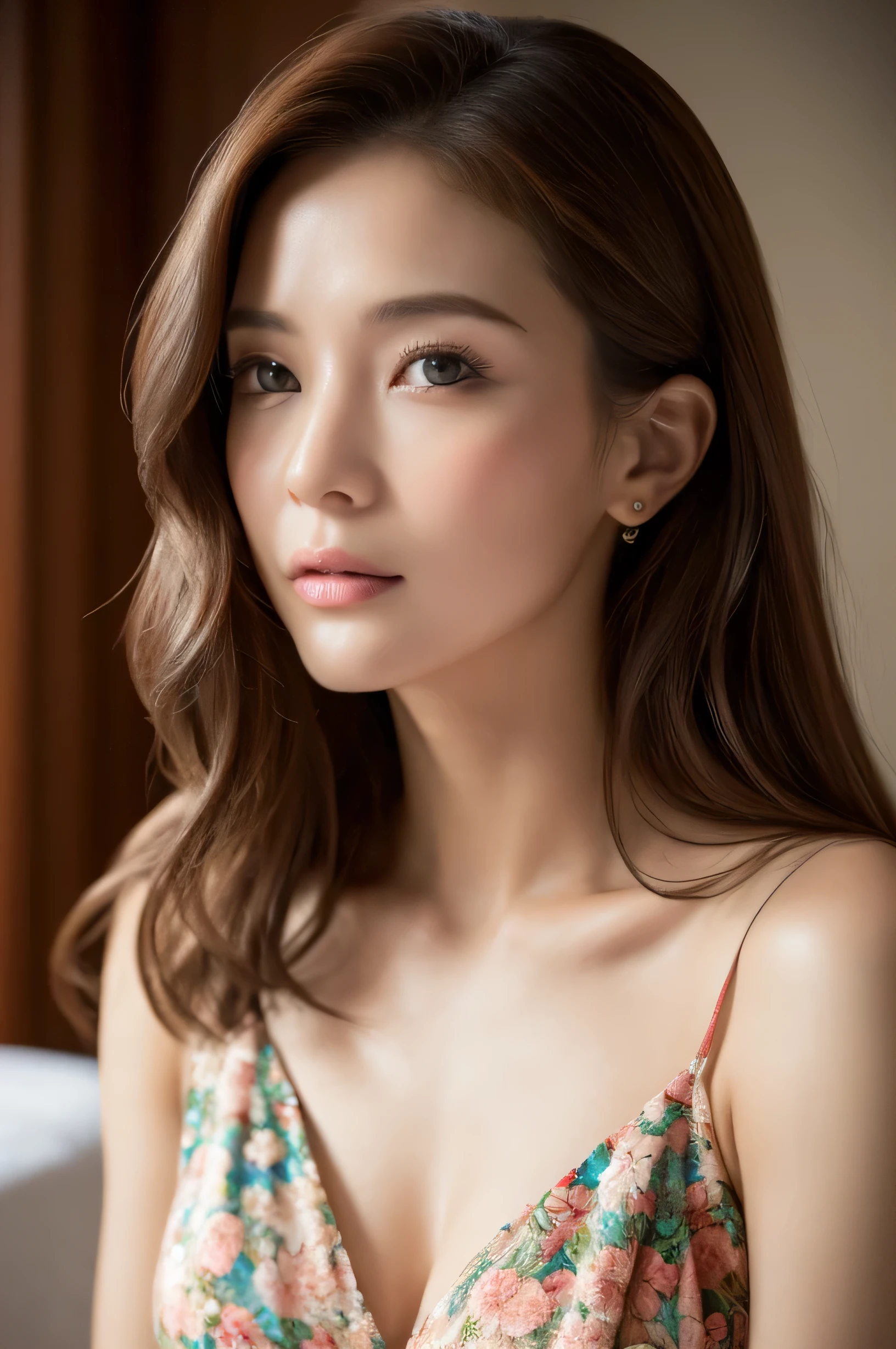 Masseter muscle area, highest quality, masterpiece, High resolution, Photorealistic, Raw photo, 8k wallpaper, perfection, Professional Lighting, Very detailed, Depth of written boundary, ((One beautiful woman)), ((40 years)), Sexy Woman, Hotel Rooms, ((big floral dress)), ((Look into the viewer's eyes)), Detailed face, Beautiful Eyes, (Sit with good posture), Bans, Shapely small breasts,Extra long brown hair, Faint lips,Soup((Loosely inward wavy hair:1.2)),