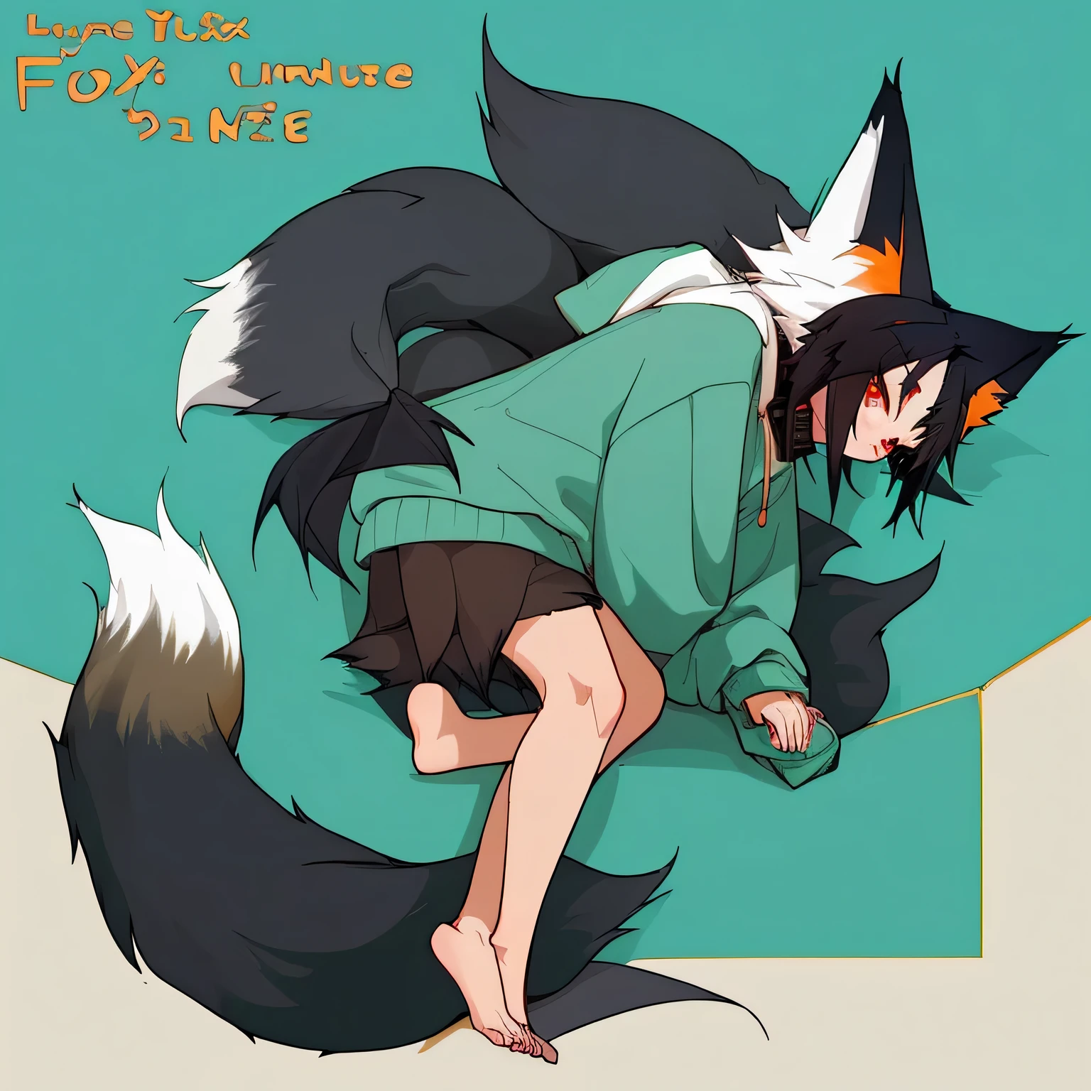 Black Hair，Wearing a sweatshirt,,Fox，Big tail，Subfox((alone)), Charming scene (Furry Furry) (Little Fox_:1.5),Turquoise eyes,Unknown gender