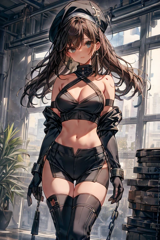 ubel,dark green hair,long hair,side ponytail,hair between eyes,bangs, BREAK (beret, black jacket, open clothes, cleavage, midriff, black shorts, black thighhighs, thigh strap, fingerless gloves, single glove:1.2), Photo,sharpness, F1.6 lens,hyper-realistic textures,spectacular light textures, Cinestil 800 Fashion Mechanics,(((Beautiful woman with left leg restrained and hung by chains))),Appearance,Beautiful girl with accentuated slender abs: 1.1,six-pack abs: 1.1, Bust Botox,Standing on tiptoe, long legs,Long brown hair fluttering in the wind,Brown hair, Long hair, Female Warrior Costume,(No panties,No bra),(tacticul battle fashion,elbow and knee tacticul battle fashion, battle glove: 1.1),((cute batre costume)),The belly comes out and the navel is visible,Thin sheer costume, combat gloves,shredded costumes,cyber long combat boots with golden knee pads,Anatomical,(futuristic sci-fi battle fashion, new elbow and knee cyberpads, new cyberlong boots, new cybergloves: 1.1),(tied perfectly by iron chain), Restraint, Slave, collars, contempt, (Chained), 4 chains hung from heaven, Metallic shackles and fetters, wet crotch clearly visible,((Hands are restrained above the head)), the neck is chained,Chain from left knee to heaven,Chained by rusty iron chains,((the tip is protruding, areolas protruding,The shape of the pubic area is clearly visible:1.2)),Sweating,Wet,Wet crotch,Wet thighs,Junkyard, Realistic, (cute, perfect clothes, skimpy clothes, cute: 1.3) ,Vast miritary base in us,((wide mirtary hospital with summer sunlight)), peeling ceilings, Rebar between, Realistic material details, Extreme details, Ultra-realistic materials,narrow waist,(with sparkling eyes and a contagious smile:0.9),looking at viewer,