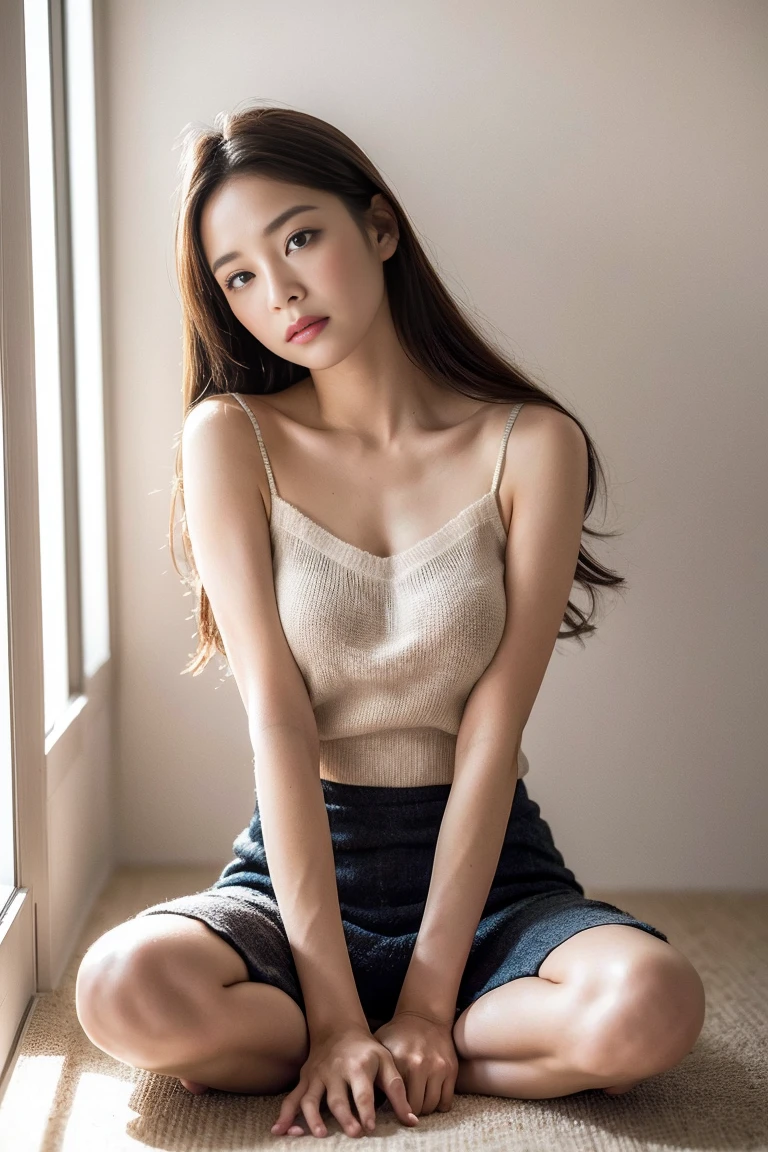 Dark brown hair、Light brown eyes、Japanese actress、I am about 40 years old....、(Intricate details:1.2)、(Which is the top????:1.4)、 (Ultra-high resolution:1.2)、Ultra-high resolution、(Finely tuned)、(Detailed facial features)、Hmph、8K resolution、D cup size breasts、Long Hair、Large windows、Extravagant space、relax、、,Full body photo、headからつま先までのショット、Beautiful legs、Beautiful legs、Breezy, Sunny living room、ソファにsit、she, household items, (plant:0.8), Fashion Hub, Very detailedな, Very detailed, Realistic, Hourglass Shaped Body, Obscene pose,、、私 cry a lot、tears、person on the left、White wall、White floor、diagonally from below、please lift your chin、Put your butt against the wall、relaxした表情、Pose of Weakness、(auraroid photo:1.2)、From outside the window、A masterpiece of transparent painting、8K、32k、Highest quality、(Details of both eyes)、1 Girl、elegant、(Loose knit camisole :1.4)、sit、(Top view、Take a look here、Tilt'head:1.2)、Hilarious、Looking into the camera、