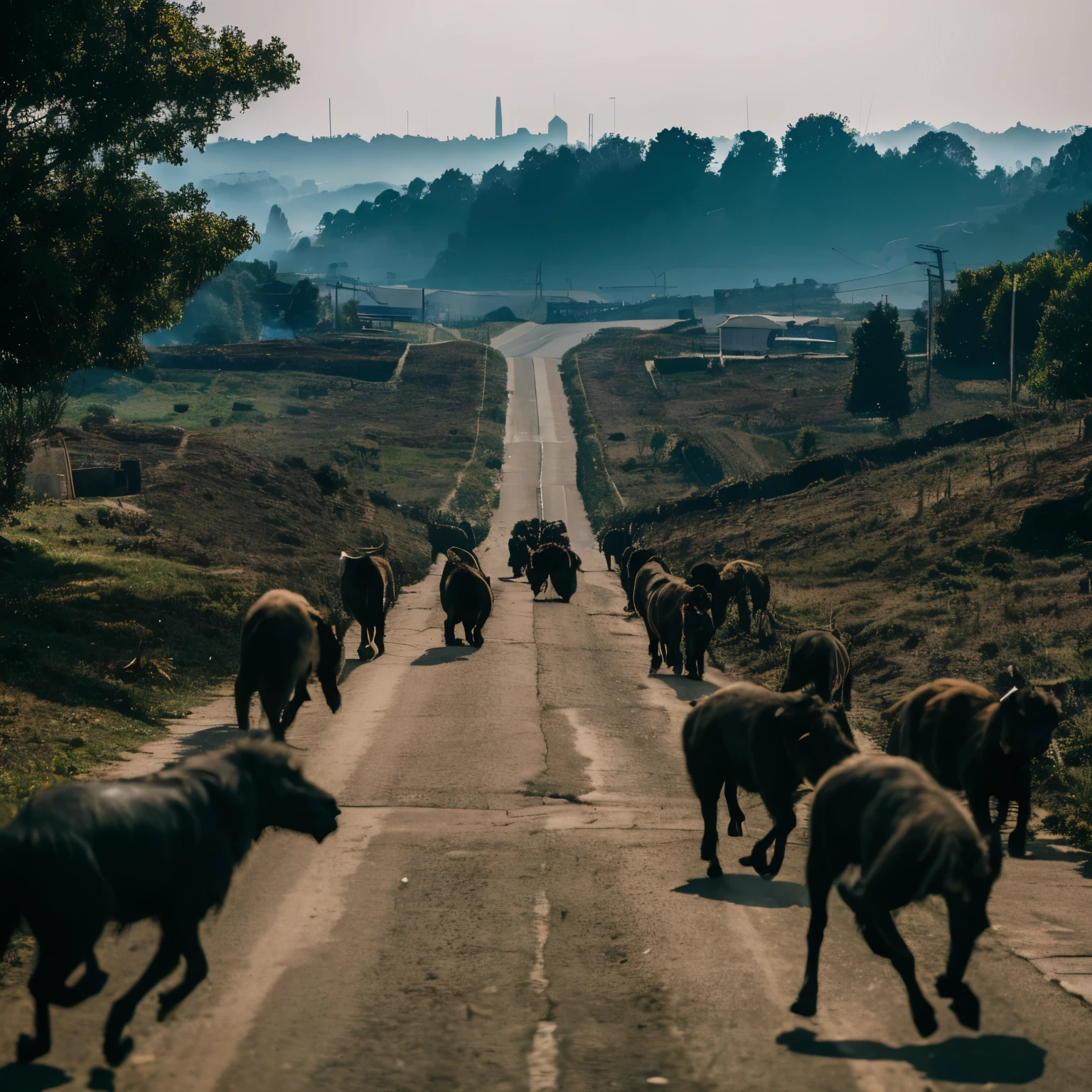 view of the rural area of ​​the city, seen from far away, infinite legion of black quadrupeds running down the street, scary and shadowy creatures, uniform mass of monsters together, running in packs, large crowd