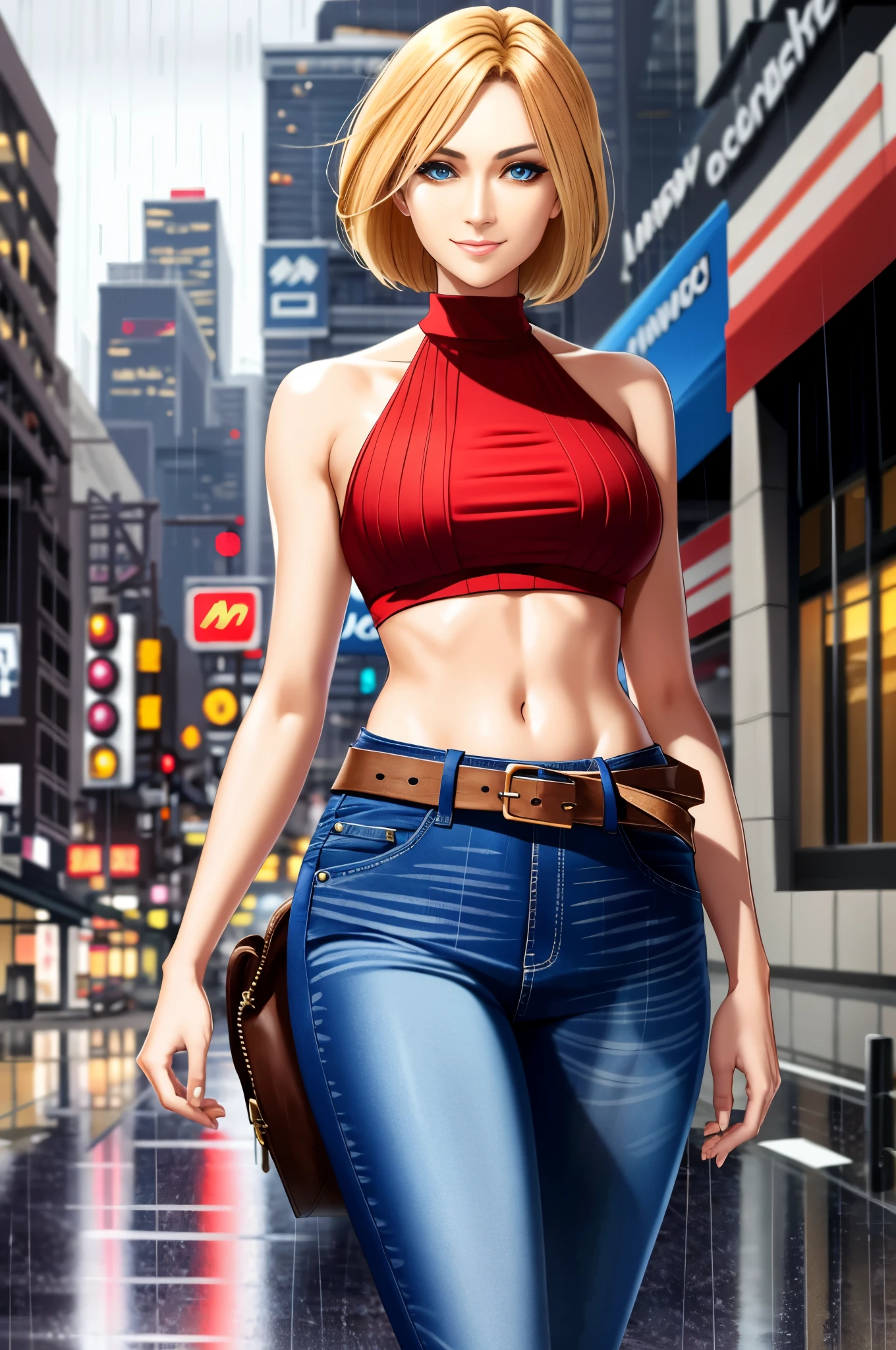maryms, Best Quality,(beauty), 1girl,phisically-based render ,ultra highres,(cowboy shot:1.5),narrow waist, skinny, LeonaMS, musculine, big blue eyes, elongated legs, Jeans, Leather belt, small boobs, puffy eyes, Leather belt,(Rainy City), oily shiny skin, facing viewer, Victory gesture, yamanaka ino,