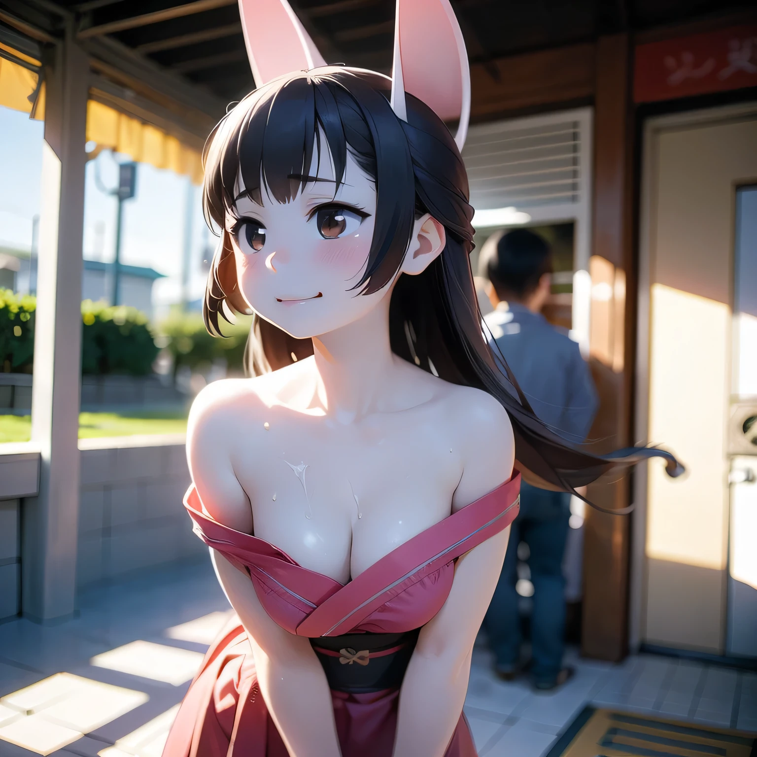 (One Japan Girl)、masterpiece, 最high quality, high quality, High precision,Highly detailed 8K wallpapers、Innocence、minimum、(Couple Dating)、(amusement park)、(Exposed、A cute casual outfit with bare shoulders、Oversized)、Fun dating、cuteWife、summer、Pink clothes、With thick milk in my hands、(Sweat running down your cheeks、Sweat trickling down my chest)、Holding hands、fun、honeymoon、(Embarrassed smile)、My arm is grabbed、amusement parkを楽しむ、defenseless、cute squid belly、Pure、Innocence、cute face、cute、Big Breasts、Beautiful breasts、cute face、No correction、adult、Slender、A Body That Knows Men、（girl、woman、Voluptuous、Fox ears、Fox Tail、brown hair、Long Hair、Long hair that reaches down to the waist、Slimming、Beautiful belly、beautiful）、（short girl、Wife、wife）、From in front of the camera、look up