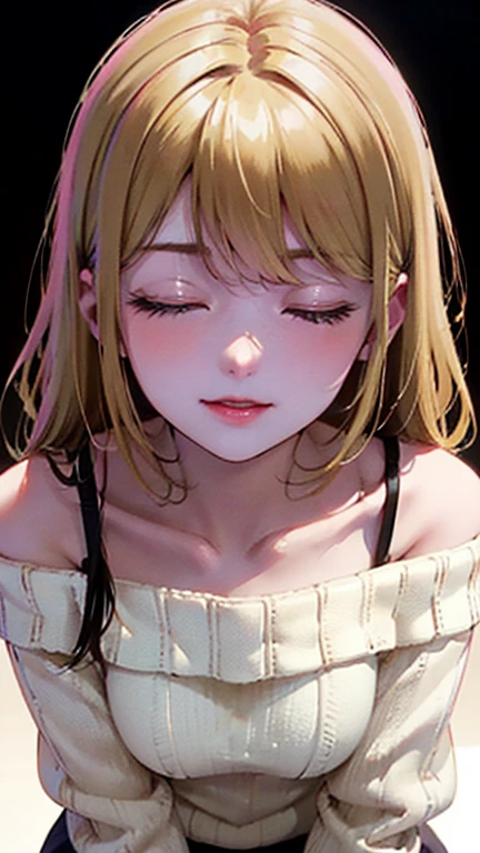 A light blush and a smile, (Masterpiece of the highest quality:1.2) Delicate illustrations, super detailed, /Beautiful Japanese Women、1 person,Very cute and slim、Outstanding style 、((8K images、super high quality))、Very delicate face, Skin and Hair、Red lipstick、Long Hair、straggling hair,(((((Gradient Hair、Blonde))))),Very cute Japanese cut face、Eyes and nose are clearly visible、Kind eyes,(((Off-the-shoulder sweater、Watching the audience)))、full body shot
