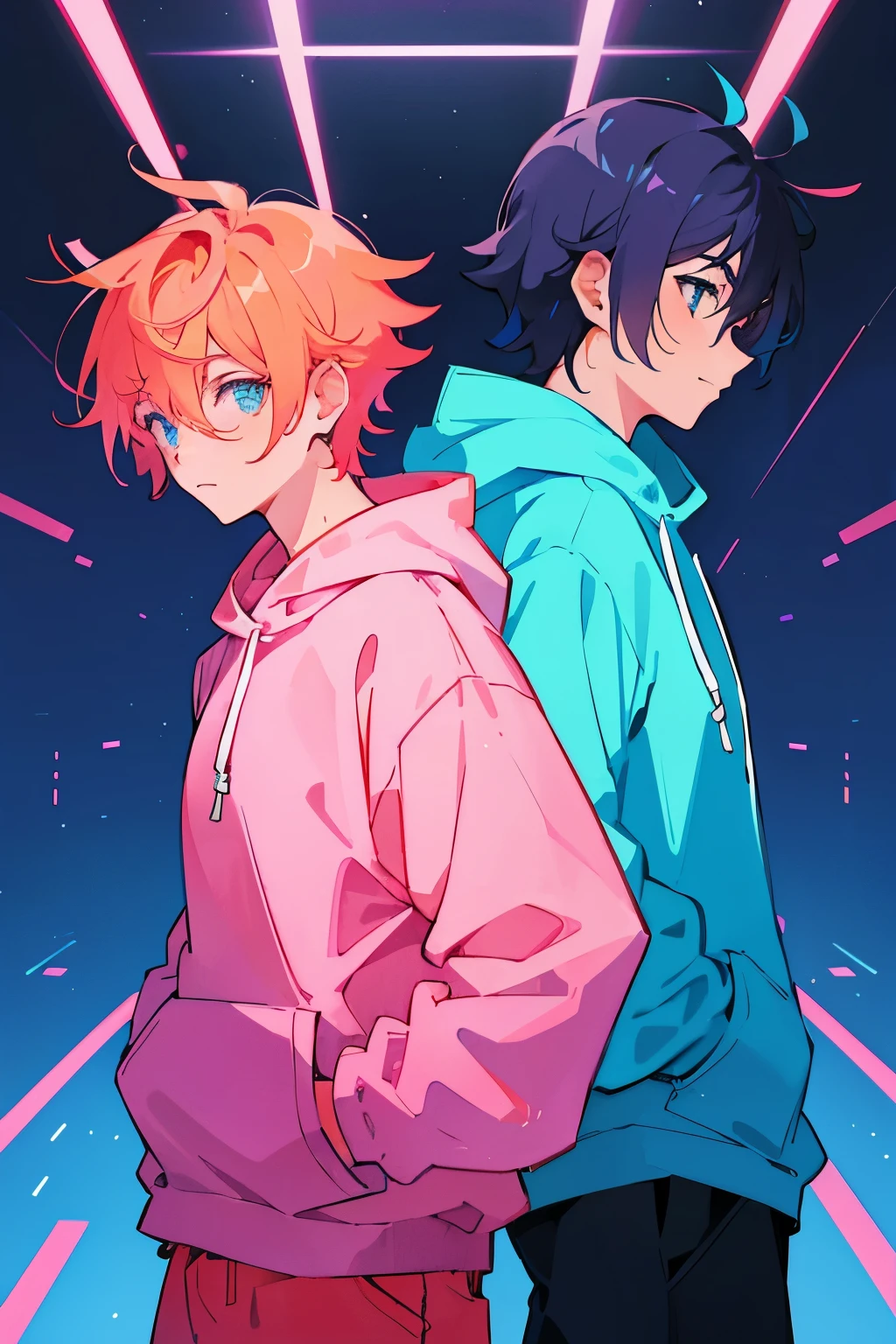 Hot, male, gay, pink, orange, blue, 1 man, anime, digital, hoodie, electric, synthwave, feminine, hair, 1 male, the color orange, mature, calm, happy