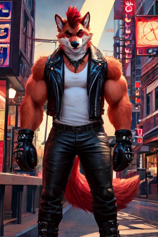 ((best quality)), ((masterpiece)), (detailed), perfect face, Bara Furry, Anthropomorphic wolfdog, 70% Wolf, 25% Tamaskan wolfdog, 5% Dingo, 6'7 and 233 lbs, 50" Chest, 21" Shoulders, 17" Biceps, 36" Waist, 25" thighs, 17" calves, 20" back, orange fur, red fur on tips of his ears, red fur at the end of his tail, red hair, mohawk hairstyle, red eyes, weaing sleeveless black leather biker vest, wearing white T-shirt with sleeveless ripped off, wearing black leather pants, wearing black leather boots, wearing black bandana around forehead, wearing red boxing gloves, Punk aesthetic, biker aesthetic, metropolitan statistical area, location based on Annapolis, Maryland, dynamic lighting, perfect shading, soft shading, soft colors, vivid colors, pastel colors 