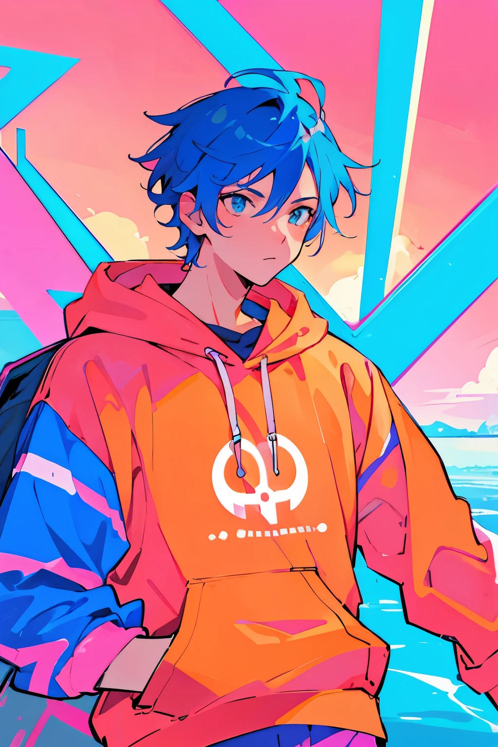 Hot, male, gay, pink, orange, blue, 1 man, anime, digital, hoodie, electric, synthwave, feminine, hair, 1 male, the color orange, mature, calm