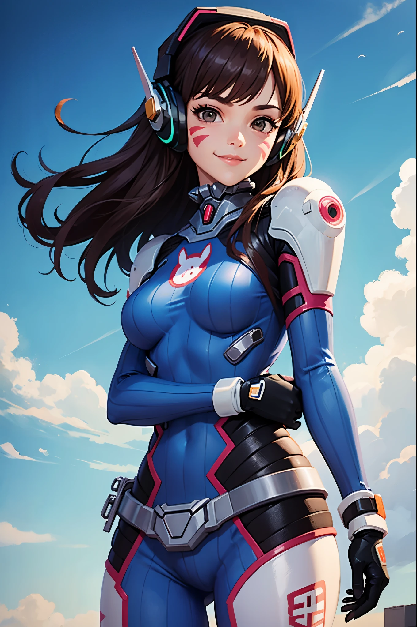 (masterpiece, best quality:1.2), expressive eyes, perfect face, highres, 1girl, solo, aahana, long hair, brown hair, headphones, whisker markings, shoulder pads, blue bodysuit, ribbed bodysuit, animal print, clothes writing, long sleeves, white gloves, smiling, standing, cowboy shot, looking at the viewer