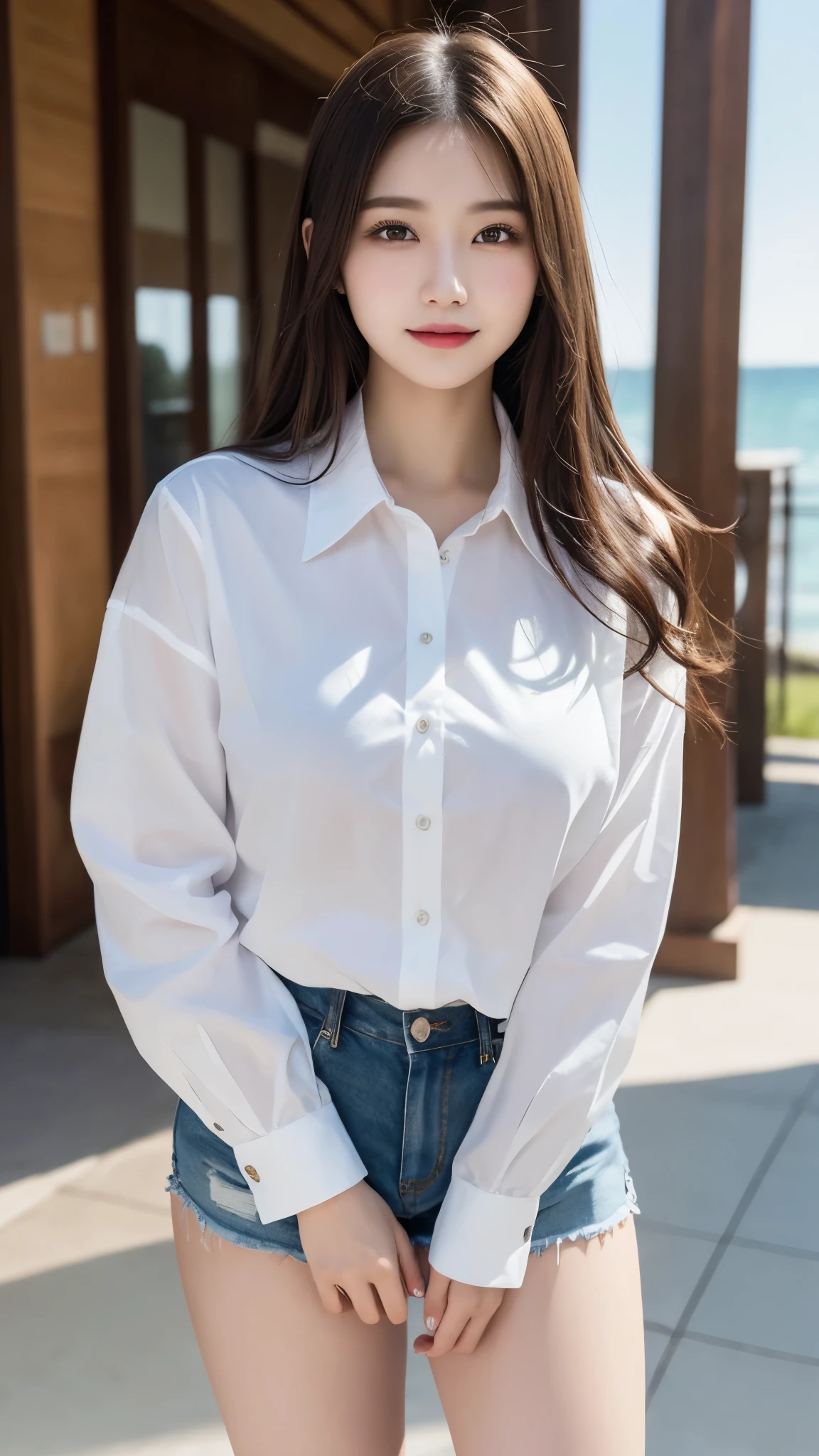Oversized white collared shirt、Naked except for a shirt、full body shot、Complex and beautiful eyes、woman、womanらしい髪型、Natural color lip、Big Breasts、valley、bold and sexy pose、smile、Ocean、((18歳woman:1.2))、Young adorable Japanese face, Official Art,Highly detailed CG Unity 8k wallpaper, (masterpiece:1.0),(highest quality:1.0), photo shoot, 8K, nsfw, High resolution, Kodak Portrait 400, Film Grain, Lens Flare Glow,View Viewer