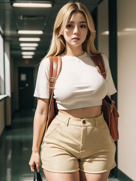 photo of one voluptuous upset woman wearing a backpack, wearing a crop top, big natural breasts, upset face, wearing a lounge clothes, wearing men's boxers, blonde, colorful clothing, wearing comfortable shorts, walking in a school hallway, close up, [detailed texture], [cinematic lighting]
