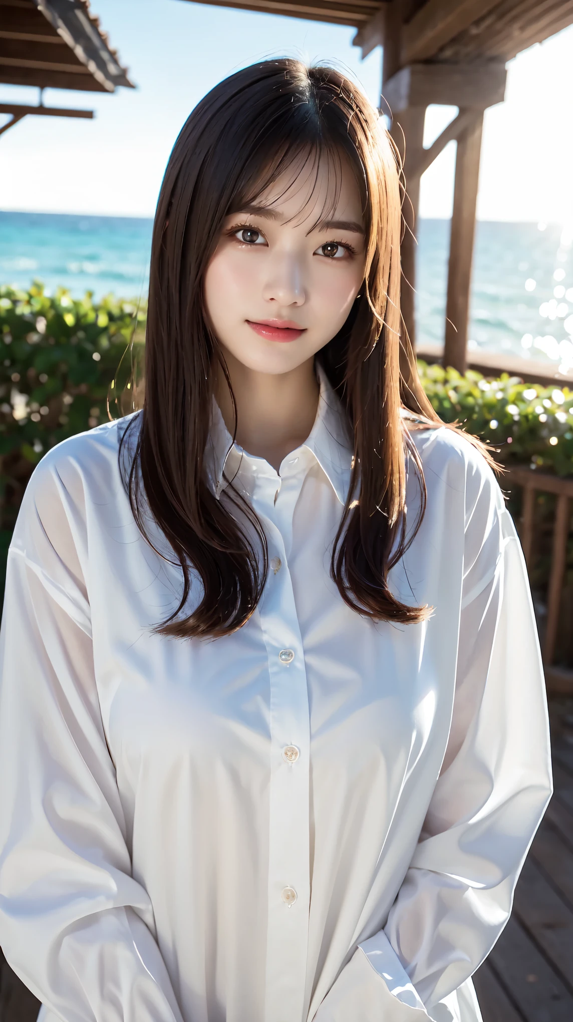 Oversized white collared shirt、 except for a shirt、full body shot、Complex and beautiful eyes、woman、womanらしい髪型、Natural color lip、Big Bey、bold and sexy pose、smile、n、((18歳woman:1.2))、Young adorable Je face, Official Art,Highly detailed CG Unity 8k wallpaper, (masterpiece:1.0),(highest quality:1.0), photo shoot, 8K, nsfw, High resolution, Kodortrait 400, Film Grain, Lens Flare Glow,View Viewer