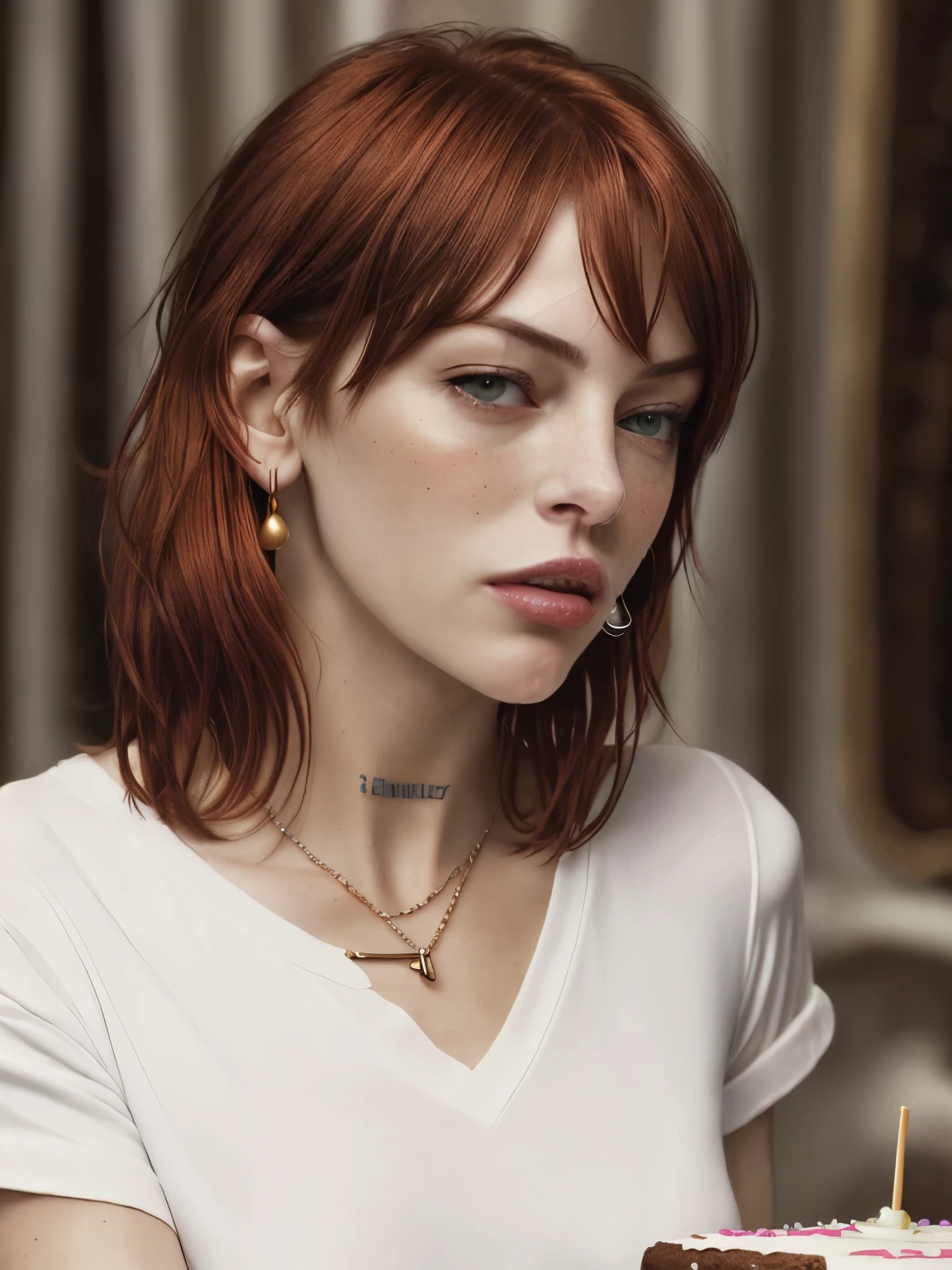 quality, milla jovovich 5 element, bright redhead , 1 girl, One, bang, shirt, Jewelry, closed mouth, white shirt, earrings, lock of hair, parted bang, portrait, realistic, looking away, pomade, eating cake