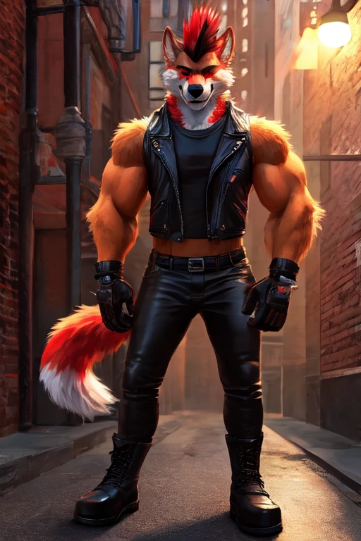 ((best quality)), ((masterpiece)), (detailed), perfect face, Bara Furry, Anthropomorphic wolfdog, 70% Wolf, 25% Tamaskan wolfdog, 5% Dingo, 6'7 and 233 lbs, 50" Chest, 21" Shoulders, 17" Biceps, 36" Waist, 25" thighs, 17" calves, 20" back, orange fur, red fur on tips of his ears, red fur at the end of his tail, red hair, mohawk hairstyle, red eyes, weaing sleeveless black leather biker vest, wearing white T-shirt with sleeveless ripped off, wearing black leather pants, wearing black leather boots, wearing black bandana around forehead, wearing red boxing gloves, Punk aesthetic, biker aesthetic, metropolitan statistical area, location based on Annapolis, Maryland, dynamic lighting, perfect shading, soft shading, soft colors, vivid colors, pastel colors 