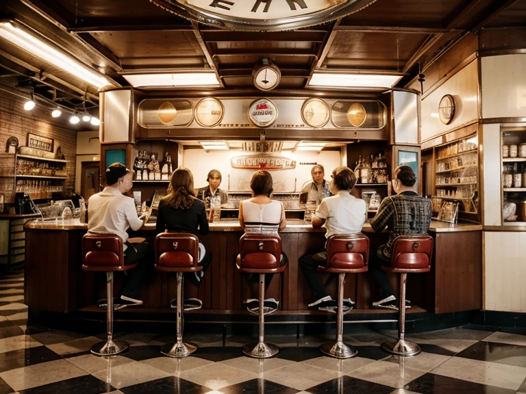 Vintage-Diner aus den 1950er Jahren: shiny chrome, rote Vinylkabinen, Black and white floors. Behind the counter, rows of drink fountains await guests. Mittendrin, eine charmante Kellnerin, enorm , pretty face, lange Haare, serves delicious meals in a classic outfit. Nahe, Eine makellose Wurlitzer-Jukebox pulsiert vor Leben, bereit, the joy of early rock&#39;n&#39;Roll-Songs zu teilen. This enchanting scene transports the viewer to simpler times full of warmth, Kameradschaft, und dauerhaften Stil.