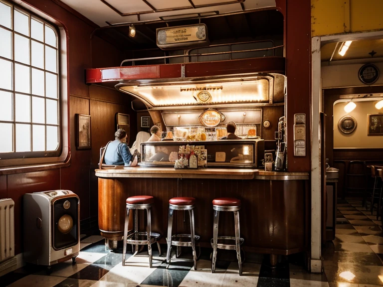 Vintage-Diner aus den 1950er Jahren: shiny chrome, rote Vinylkabinen, Black and white floors. Behind the counter, rows of drink fountains await guests. Mittendrin, eine charmante Kellnerin, enorm , pretty face, lange Haare, serves delicious meals in a classic outfit. Nahe, Eine makellose Wurlitzer-Jukebox pulsiert vor Leben, bereit, the joy of early rock'n'Roll-Songs zu teilen. This enchanting scene transports the viewer to simpler times full of warmth, Kameradschaft, und dauerhaften Stil.
