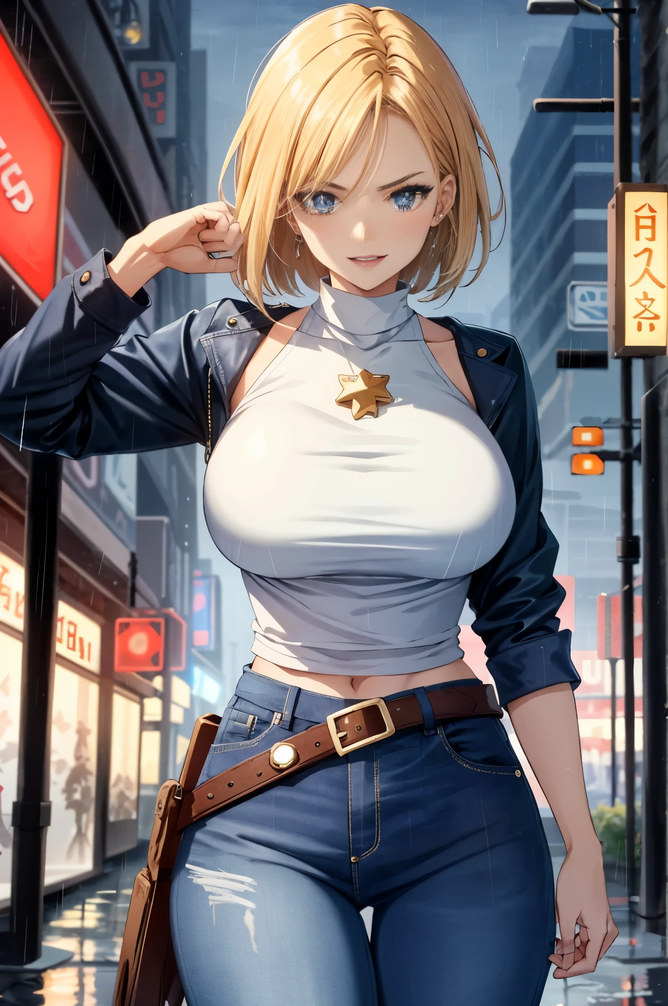 maryms, Best Quality,(beauty), 1girl,phisically-based render ,ultra highres,(cowboy shot:1.5),narrow waist, skinny, LeonaMS , big blue eyes,long legs,jeans,leather belt,big breasts,puffy eyes, leather belt,(rainy city), shiny skin, facing viewer, excited to fight