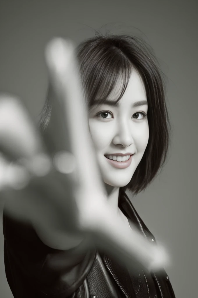 Araped woman with a vague expression wearing a leather jacket and giving a stop sign with her hand, Lee, Ji - Eun, Lee, Ji - Eun, park from me, Dilabba Dilmurat, Minjeong Shin, Luge, sun yunjoo, by Tang Shinyun Sandara, from me, Jiyoon Chae, inspired by Tang Shinyun Sandara, Zia