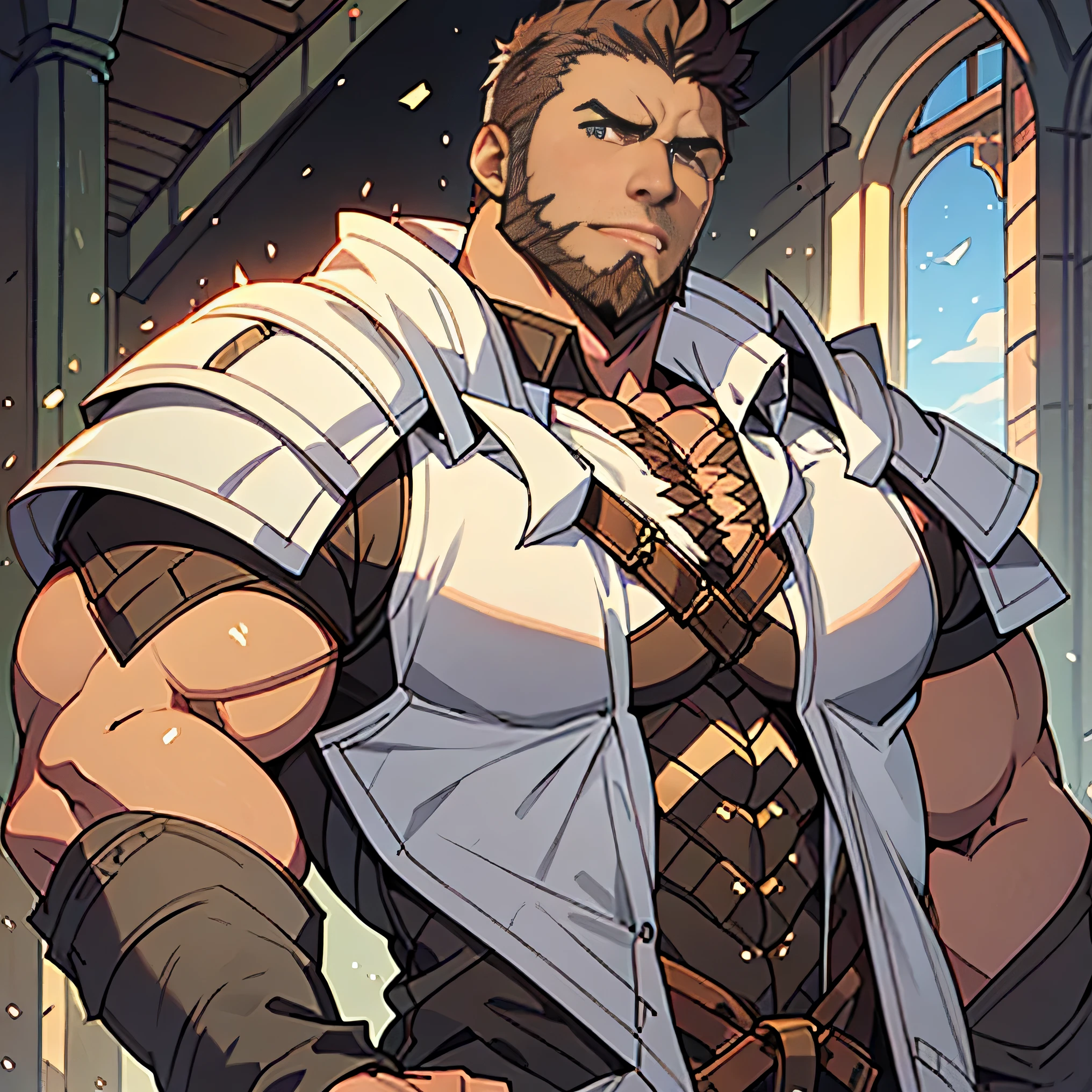 Large medieval kingdom in the background, old mature muscular male, black hair, very short hair, cropped military hairstyle, ((black beard))), ((thick beard)), (((full beard))), ((long beard)), green eyes, bright eyes, 48 years old, muscular male, tall, Piece, athlete, bare biceps, Abs, chest, medieval armor, light armor, red armor, Mystical armor, Golden details on the armor, black details on the armor, elsword style armor, ((arms exposed)), thick beard, Neutral face, cowboy shot, high resolution:1.2, best quality, master part, daylight, Reflection of lens, upper body shot