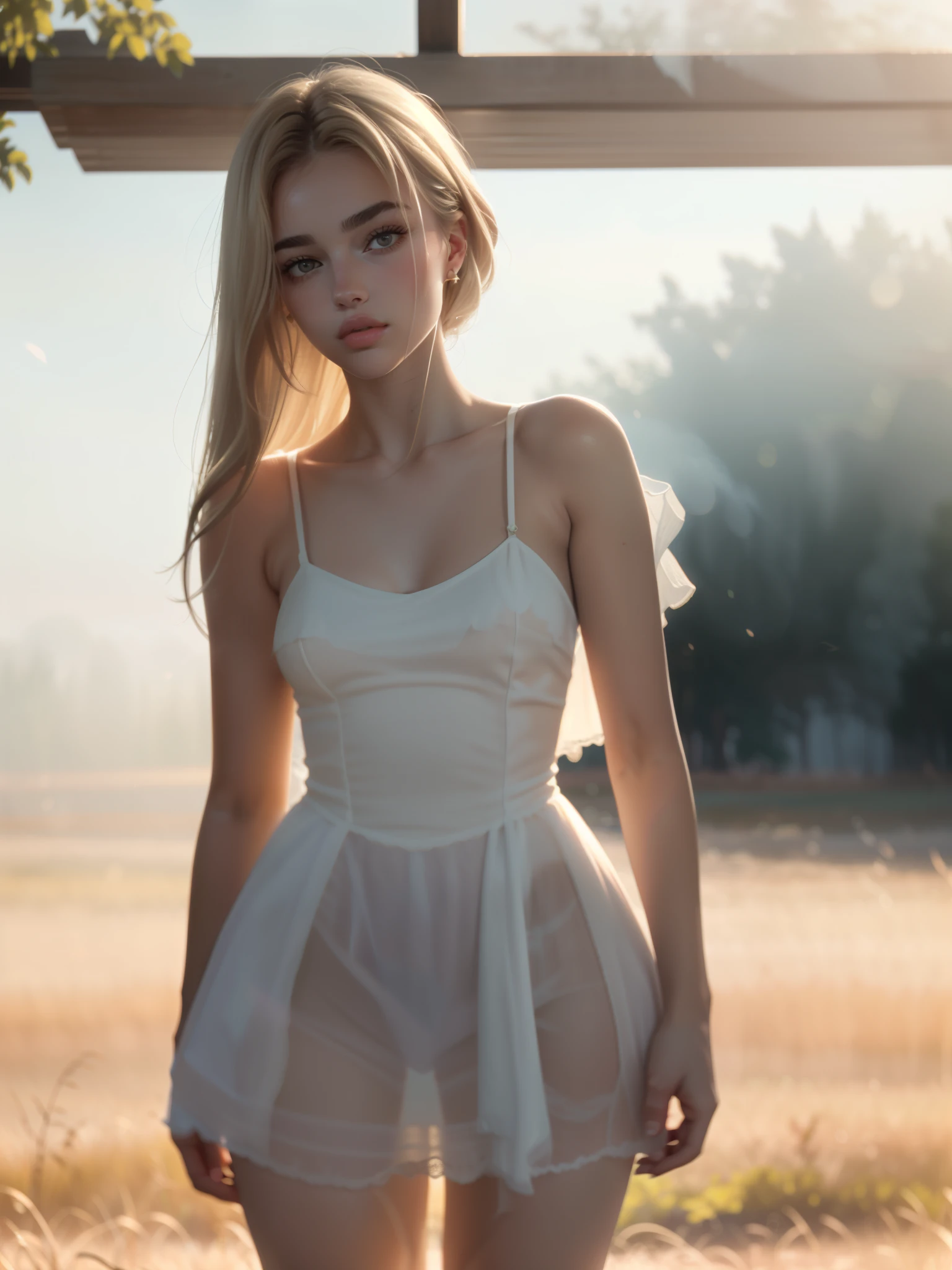 A young woman combination (Miranda Kerr:0.85), (Dua Lipa:0.9), (Margot Robbie:1) thin, skinny, frail body, pale skin, blonde hair, wearing, a ethereal dress, standing next to a deer((heavy gaussian blur)), ((soft lighting)), (((extremely hazy:1.2))), ((film grain)), (extremely bright), vintage film, (dreamy atmosphere), bright vivid colors, portrait, from below shot 

 