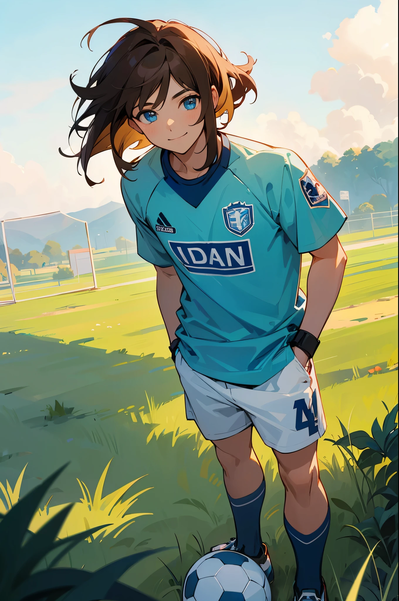 masterpiece, best quality, highres, 1man, medium-length hair, short brown hair, cyan blue eyes,light blue soccer jersey, sunlight,grassy background, hands in pockets, smiling,