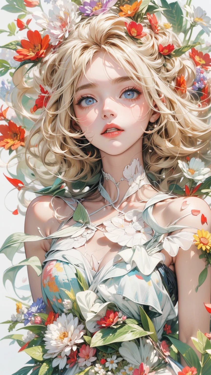 (masterpiece, High resolution, highest quality), Composition from head to thighs:1.3, Upper body focus, 20-year-old woman, Blonde Hair, Disorganized, Collage of nude and petals, abstract design, artistic juxtapositions, White background, mixed-media approach, Anime Style, simple lines, Digital Painting,