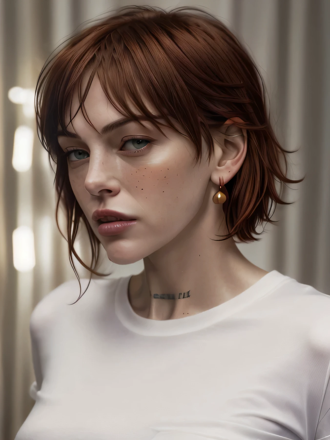 quality, milla jovovich 5 element, very redhead , 1 girl, One, bang, shirt, Jewelry, closed mouth, white shirt, earrings, lock of hair, parted bang, portrait, realistic, looking away, pomade, 