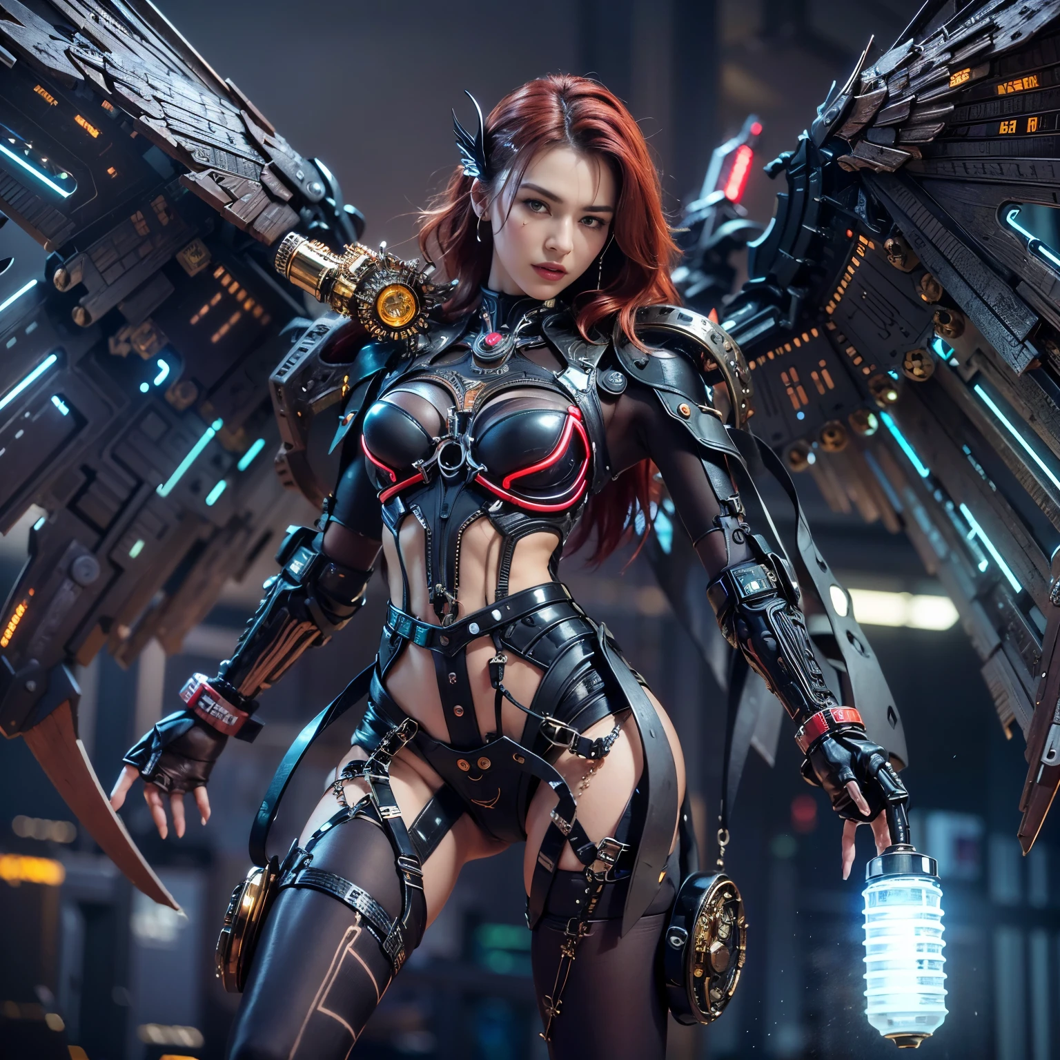 (top-quality:1.2, masterpiece)、ultra high resolution、extremely ultra surrealism, (Photorealsitic:1.4)、Raw photo、(Steampunk Battle Cyborg fallen angel)、large bat wings made of metal、black porcelain body、red hair、glowy skin、1 Cyborg girl、(mechanical frame:1.3)japanese, extremely cute face, ((super realistic details))、portrait、globalillumination、Shadow、octan render、8K、ultrasharp、character edge light、Details of complex ornaments、Acrylic Clear Cover、Sumerian details、Hydraulic cylinder、Small LED lamp、highly intricate detail、Realistic light、a purple eye、radiant eyes、Facing the camera、neon details、cowboy shot、Futuristic headgear、About Cyberpunk