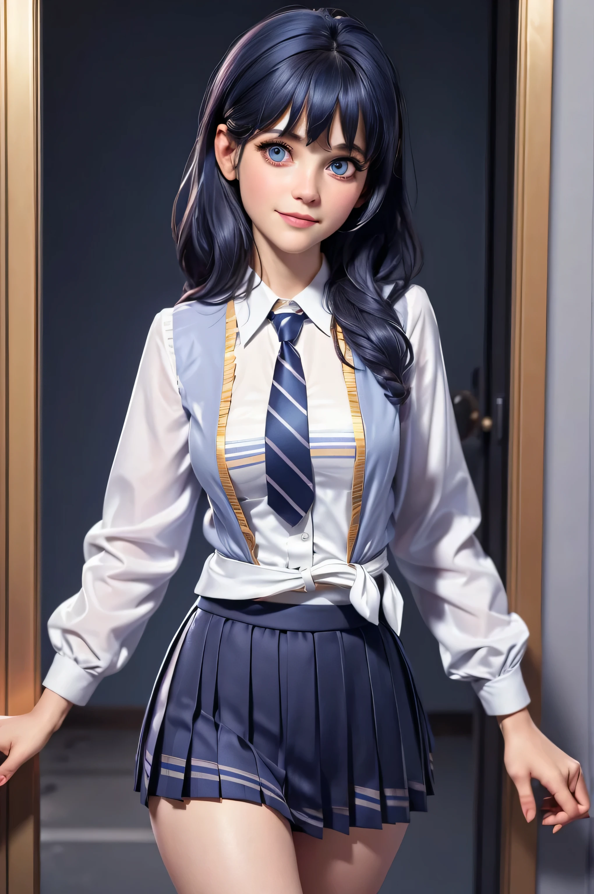 Zooey Deschanel, age 16, gynoid physique, (solo:1.1), zooey deschanel, perfect face, (((night color skirt suit))), (((pleated school miniskirt))), (((night color jacket))), (((silk necktie))), windsor necktie, (((white shirt))), cup size E, (((night color miniskirt with 1 horizontal golden stripe))), solo focus, fully clothed, smartly dressed, smiling, careless styling, medium length hair, dark blue hair, bright eyes blue like the sky, beatiful detailed eyes，bright pupils，（Very fine and beautiful），（Beautiful and detailed eye description), [[delicate fingers and hands:0.55]::0.85], (detail of fingers), facing at camera, (Background with：school corridor，mystic atmosphere), (illustration, cartoon, masterpiece, highly detailed, best qualtiy，cinematic lighting，muted colors, detailed background, A high resolution)