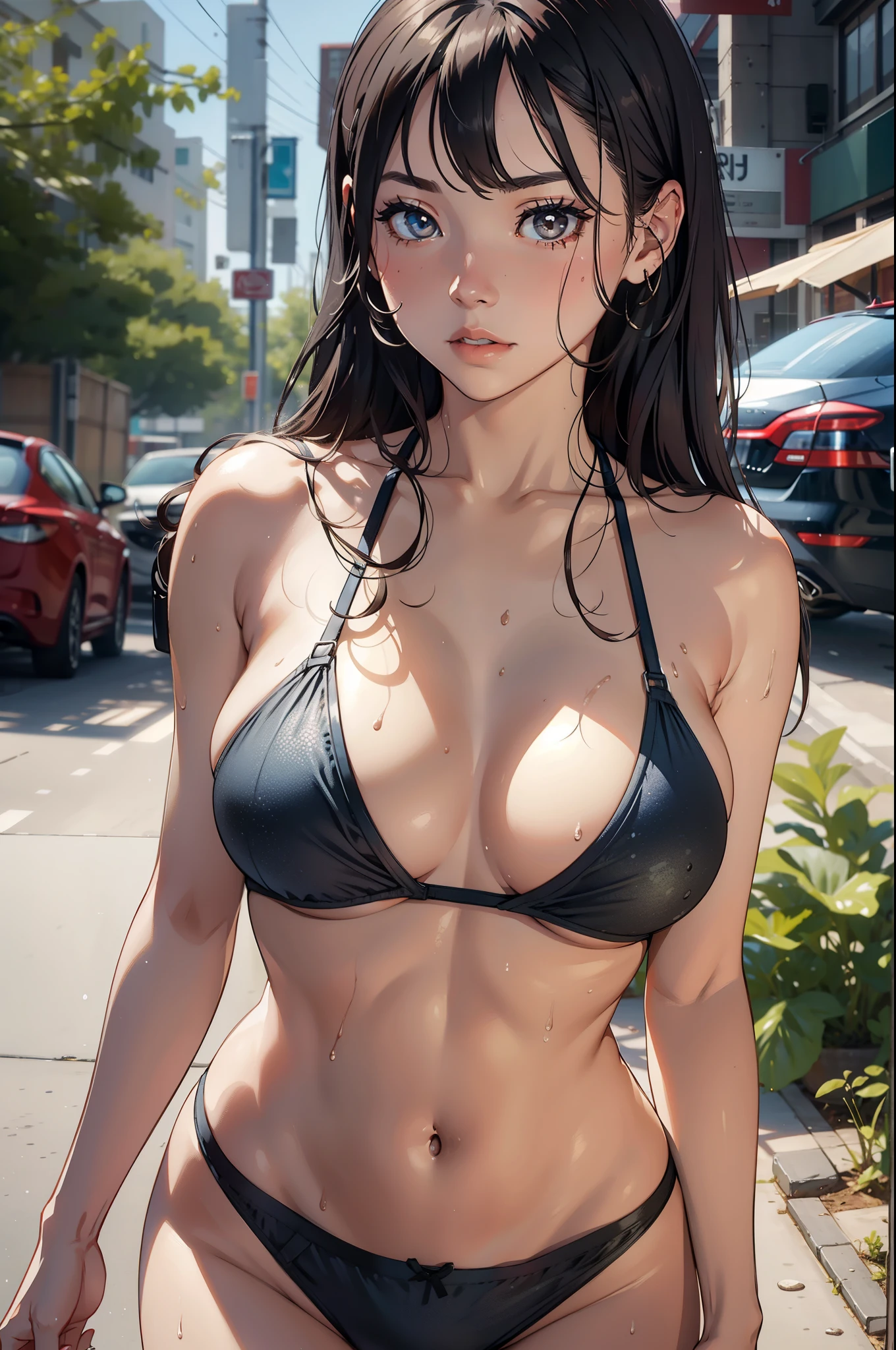 girl, sweat, medium breast, shy, detailed hand, looking at viewer, lips apart, dynamic shadows
