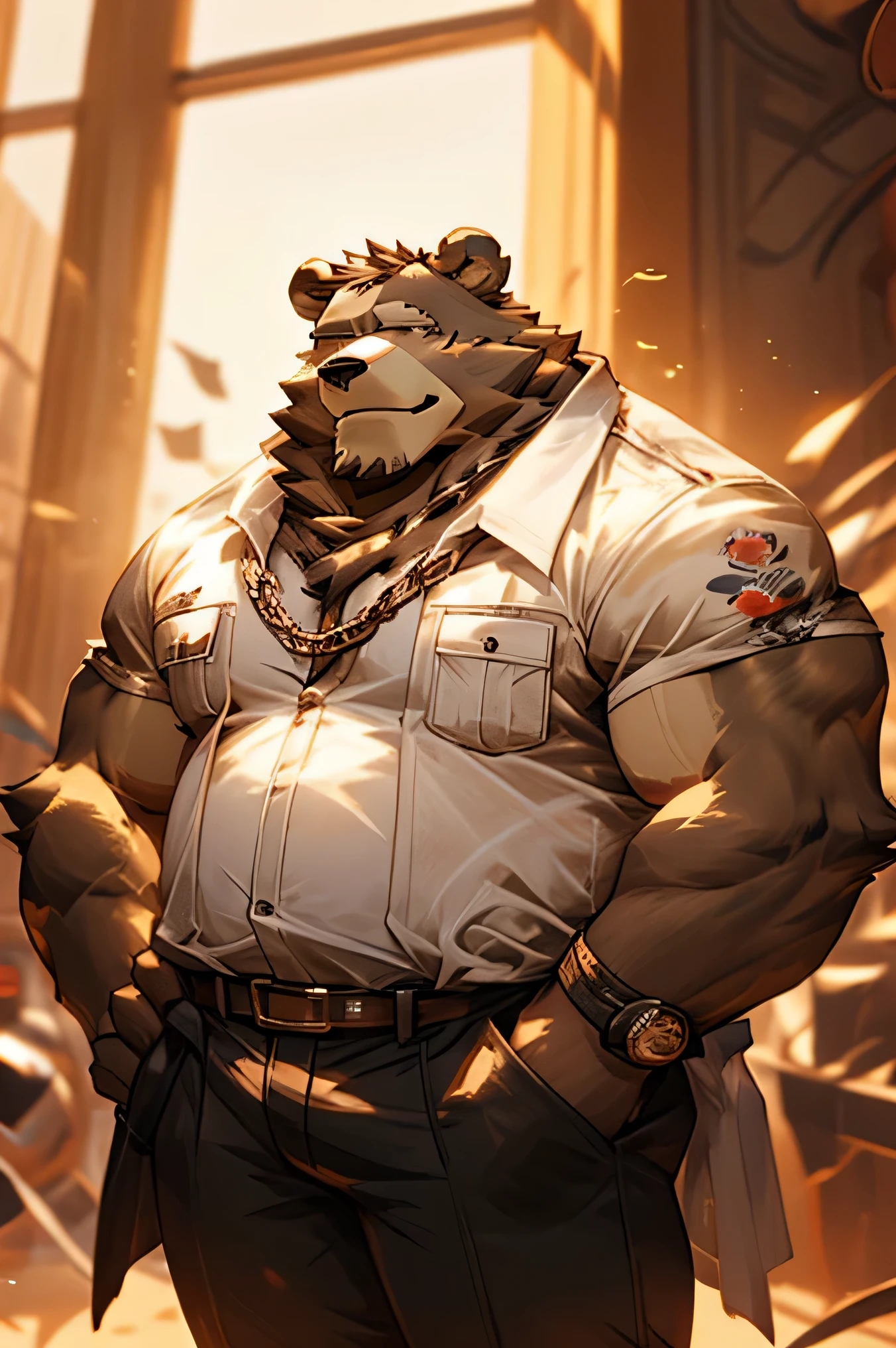 alone, smile, short hair, shirt, animal ears, male focus, cowboy shot, collared shirt, pants, hand on hip, muscular, floral print, sunglasses, pecs, muscular man, red shirt, bara, hairy, chubby, adjusting glasses, hairy male, belly, brown pants, partially unbuttoned, bear ears, hand on glasses, Hawaiian shirt