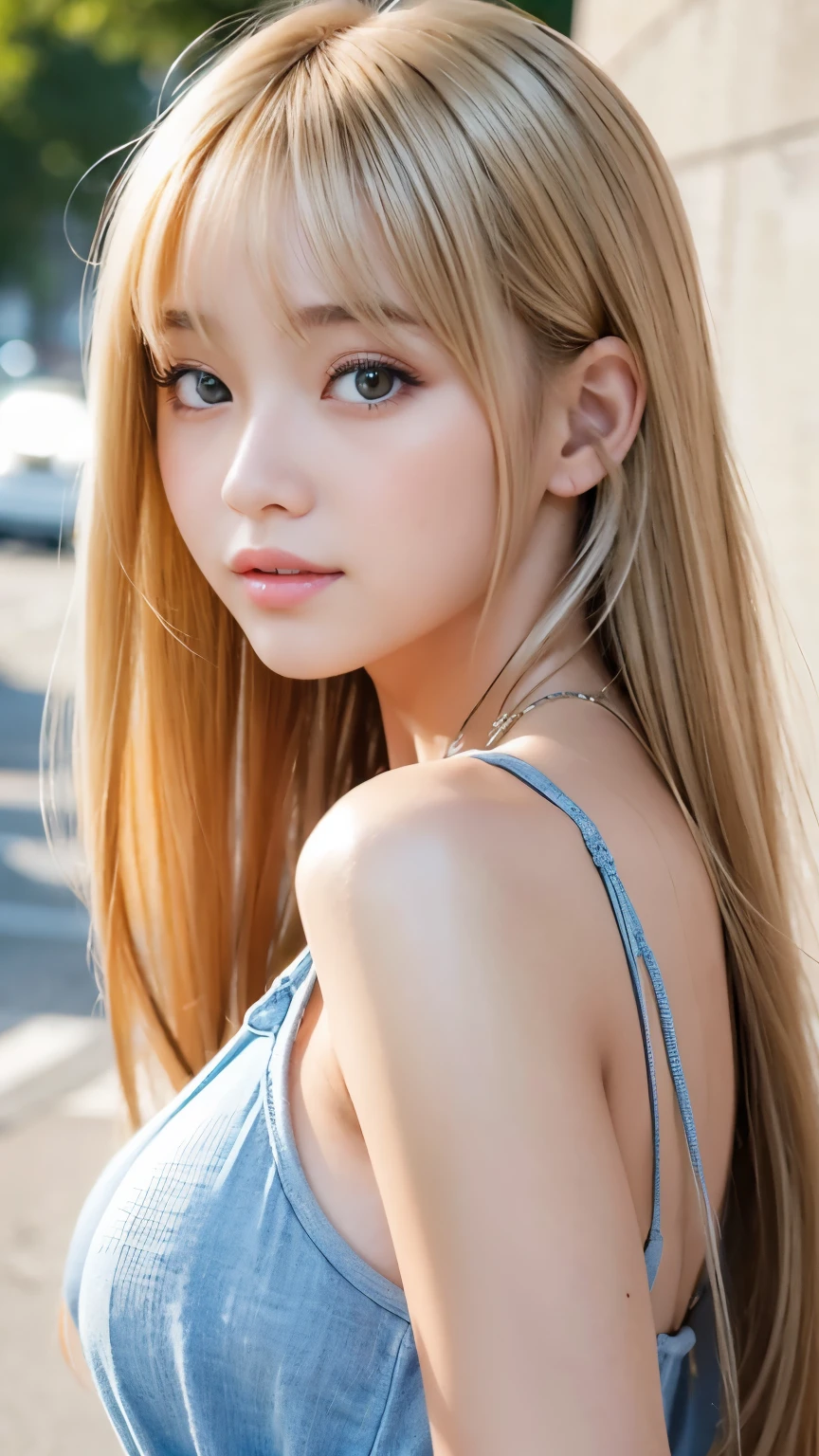 Sexy big 、Sexy cute looks and cute *********** beautiful girl, Beautiful and sexy face、A strong wind blows my hair in front of my face、Blonde medium hair、Beautiful, cute and sexy eyes hidden behind long bangs。