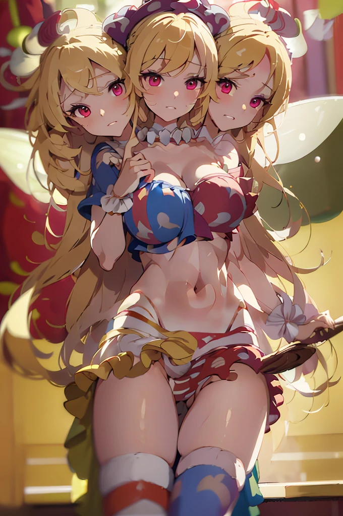 (masterpiece, best quality), best quality, (ultra-detailed), (3heads:1.5), 1girl, (ultra-detailed), (3heads:1.5), 1girl, (clownpiece:1.3), masterpiece, best quality, ultra quality, ultra resolution, ultra detail, red and blue top, crop top, ((stomach)), midriff, ((groin)), red and blue skirt, normal ears, shackles, blonde hair, very long hair, wavy hair, sidelocks, pink eyes, parted lips, blonde, sweat, cute, toned belly, hand on own chest, eyelashes, (24 year old woman:1.3), (masterpiece:1.5), (best quality:1.5), (beautiful detailed), extremely detailed CG, extremely delicate and beautiful, depth of field, (finely detailed face), (perfect details:1.2), (mature female:1.3), wide pelvis, slender, large veiny breast, 16k resolution, highres, very high quality, very high definition, extremely detailed, masterpiece, blonde hair, long hair, alluring presence, braid, short skirt, close up, big tits, young, purple, polka-dotted jester's hat, fairy wings, torch, nsfw, open belly,