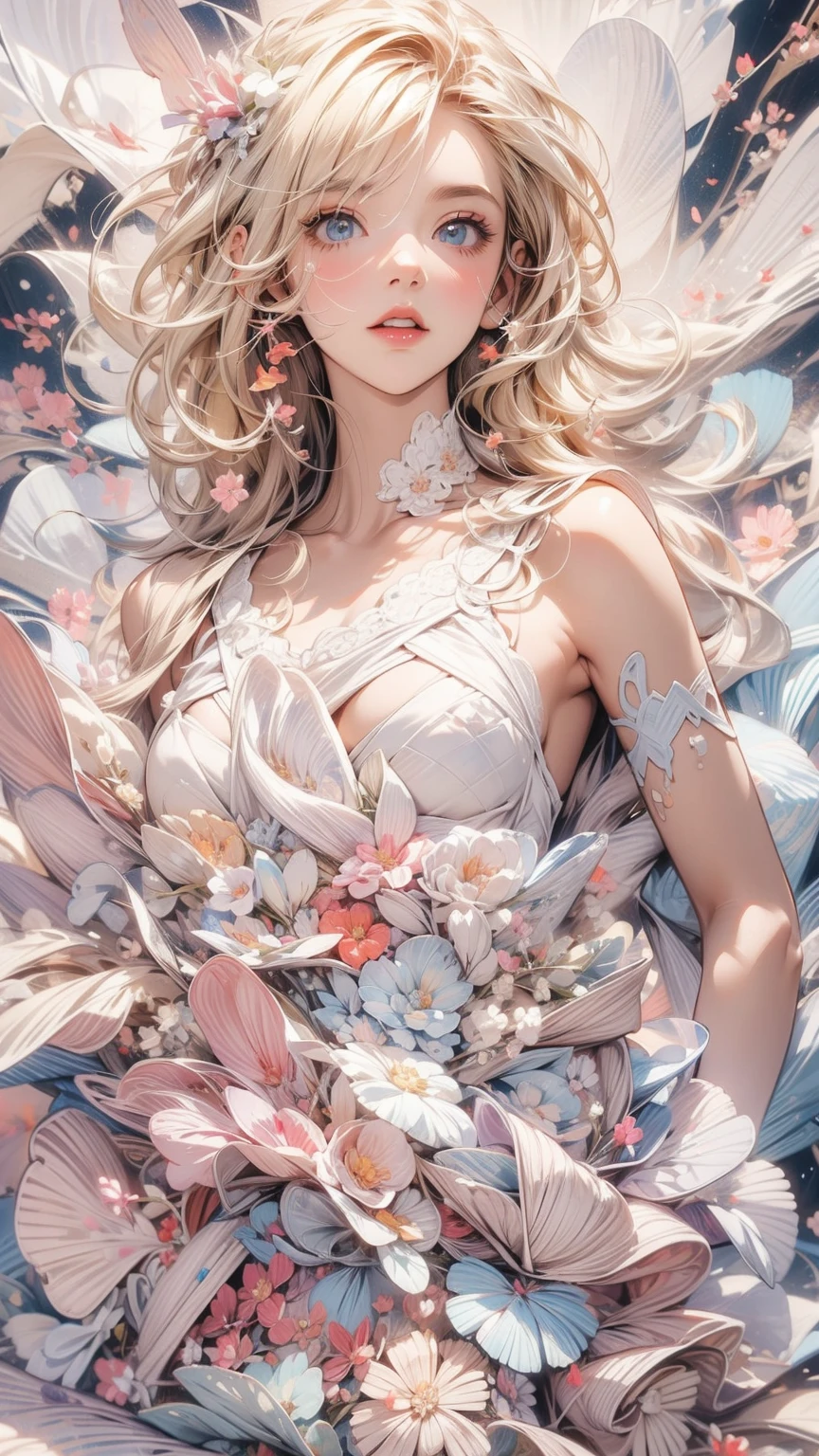 (masterpiece, High resolution, highest quality), Composition from head to thighs:1.3, Upper body focus, A 20-year-old woman wearing a large piece of cloth over her naked body., Blonde Hair, Disorganized, Petal Collage, abstract design, artistic juxtapositions, White background, mixed-media approach, Anime Style, simple lines, Digital Painting,